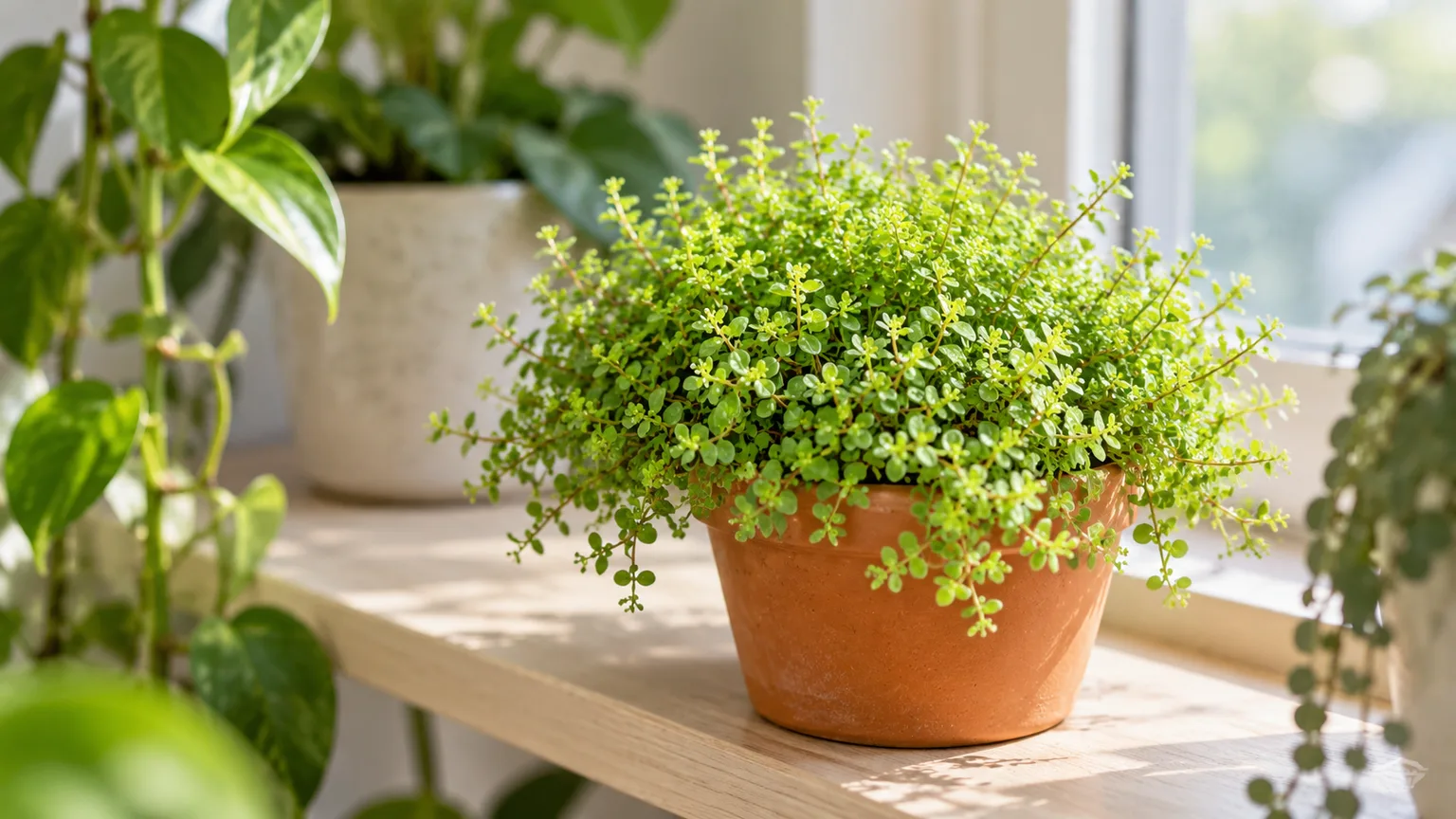 Healthy artillery plant with tiny bright-green leaves in a terracotta pot