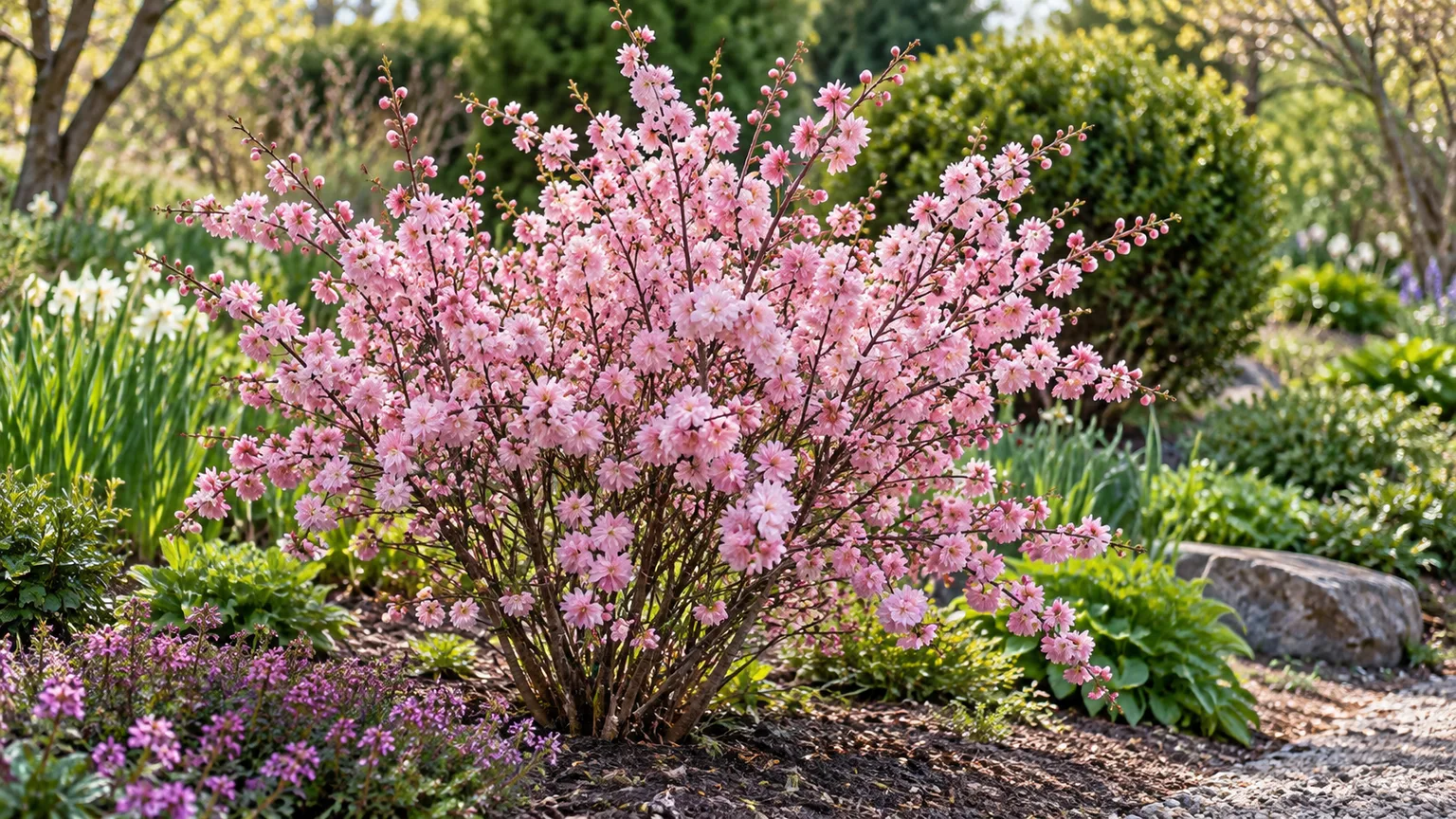 Flowering almond shrub covered in double pink blossoms in an early-spring garden