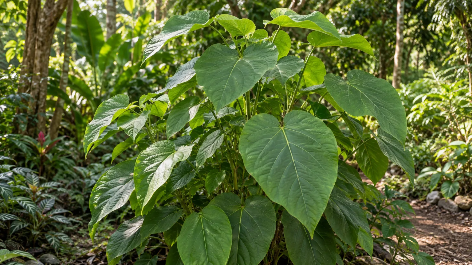 Healthy Piper auritum root beer plant with large heart-shaped leaves in dappled tropical light
