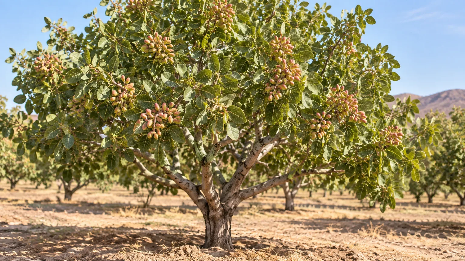 Healthy pistachio tree with pinnate green leaves and fruit clusters in a sunny orchard