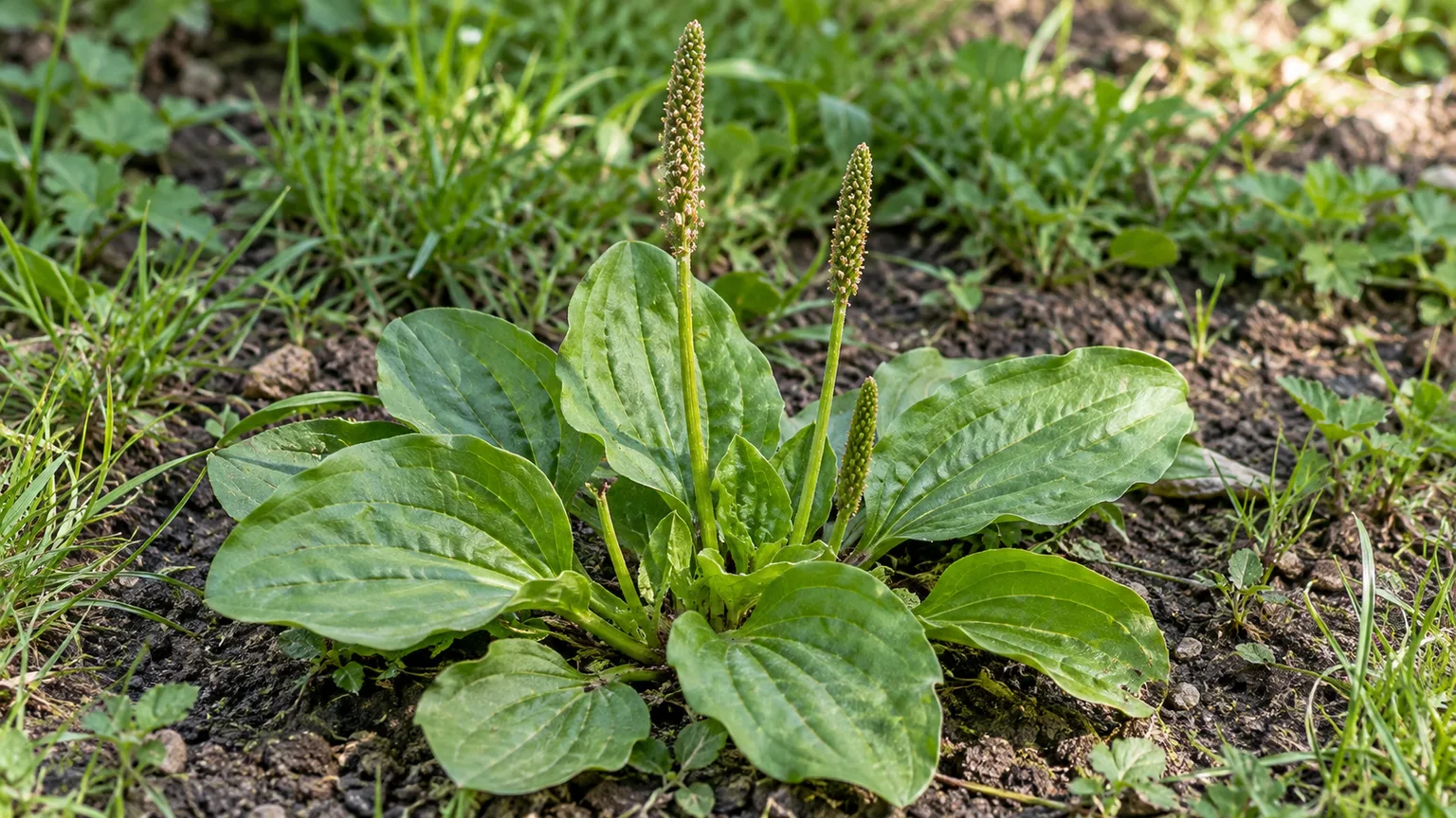 Broadleaf plantain rosette with oval, veined leaves and flower spikes