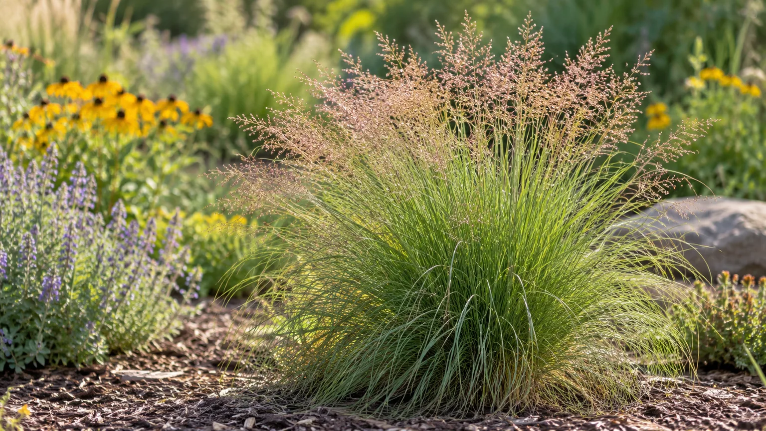 Healthy prairie dropseed with fine arching leaves and airy late-summer flower panicles