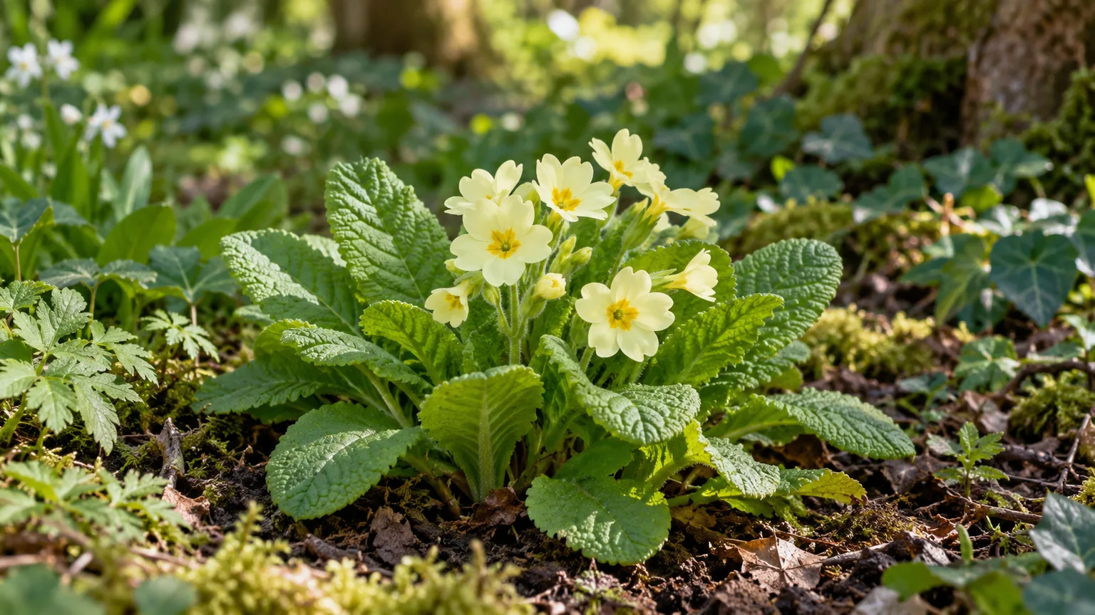 Pale primrose flowers in cool partial shade
