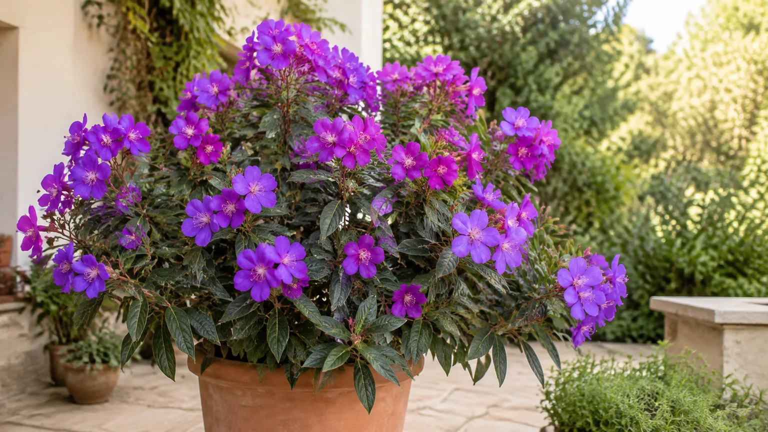 Healthy princess flower shrub with velvety leaves and royal-purple blooms in a terracotta container