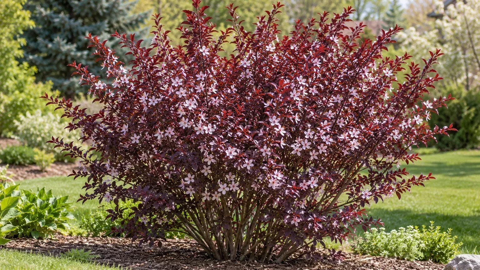 Purple leaf sand cherry shrub with red-purple foliage and pale spring flowers
