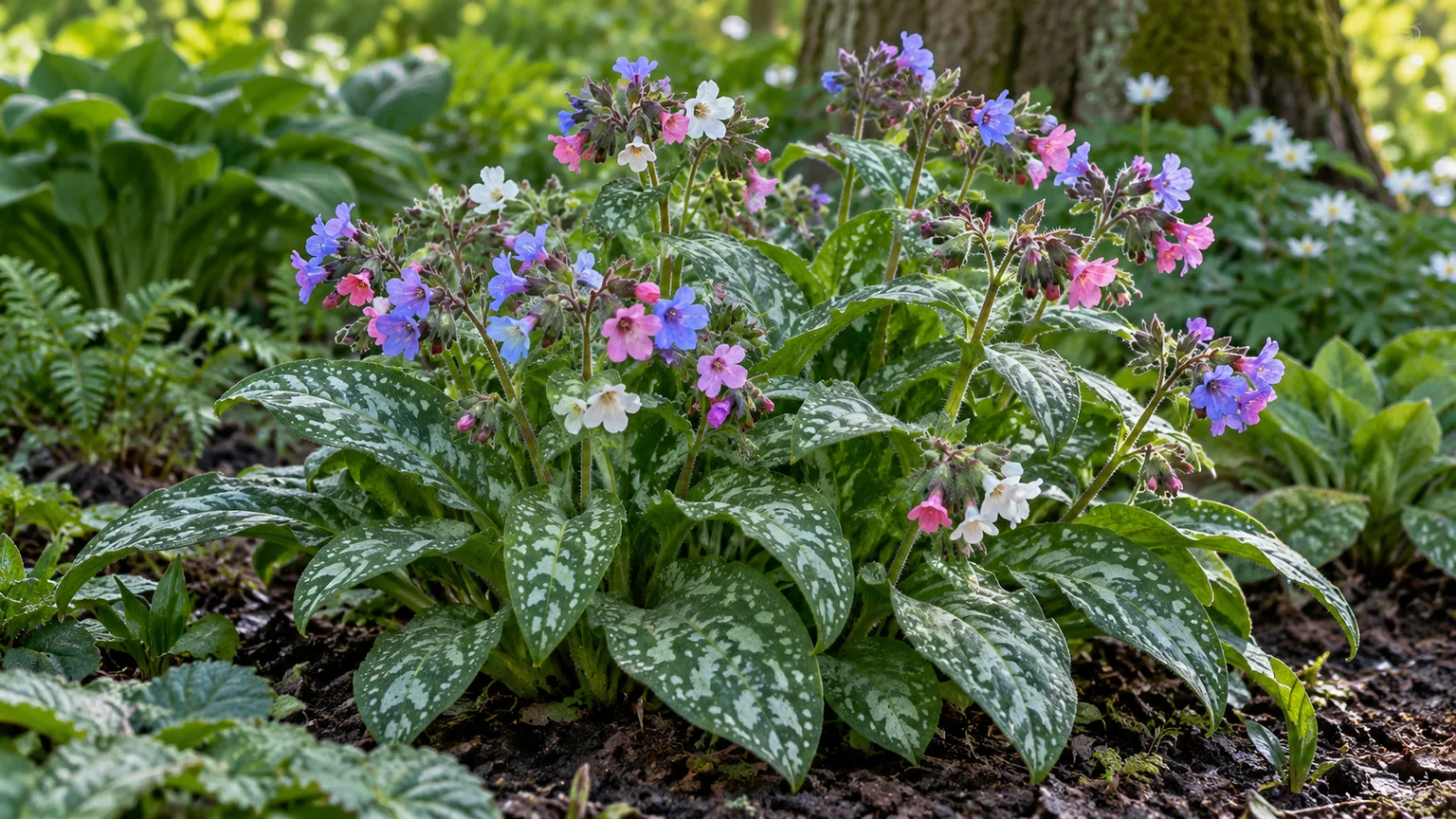 Spotted Pulmonaria leaves with pink and blue spring flowers
