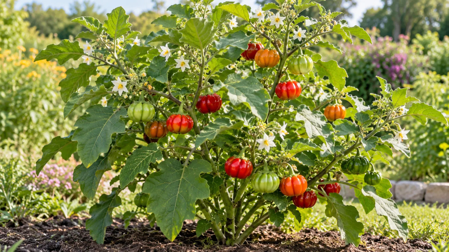 Pumpkin-on-a-stick ornamental eggplant with ribbed green, orange, and red fruits