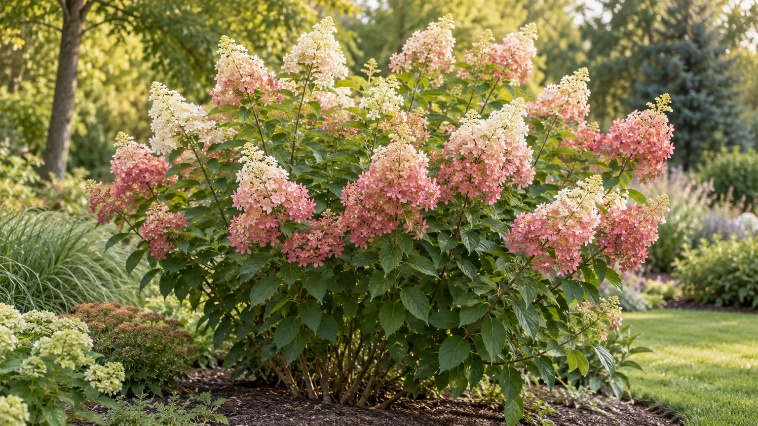 Healthy Quick Fire panicle hydrangea with white flowers aging to pink in a summer garden