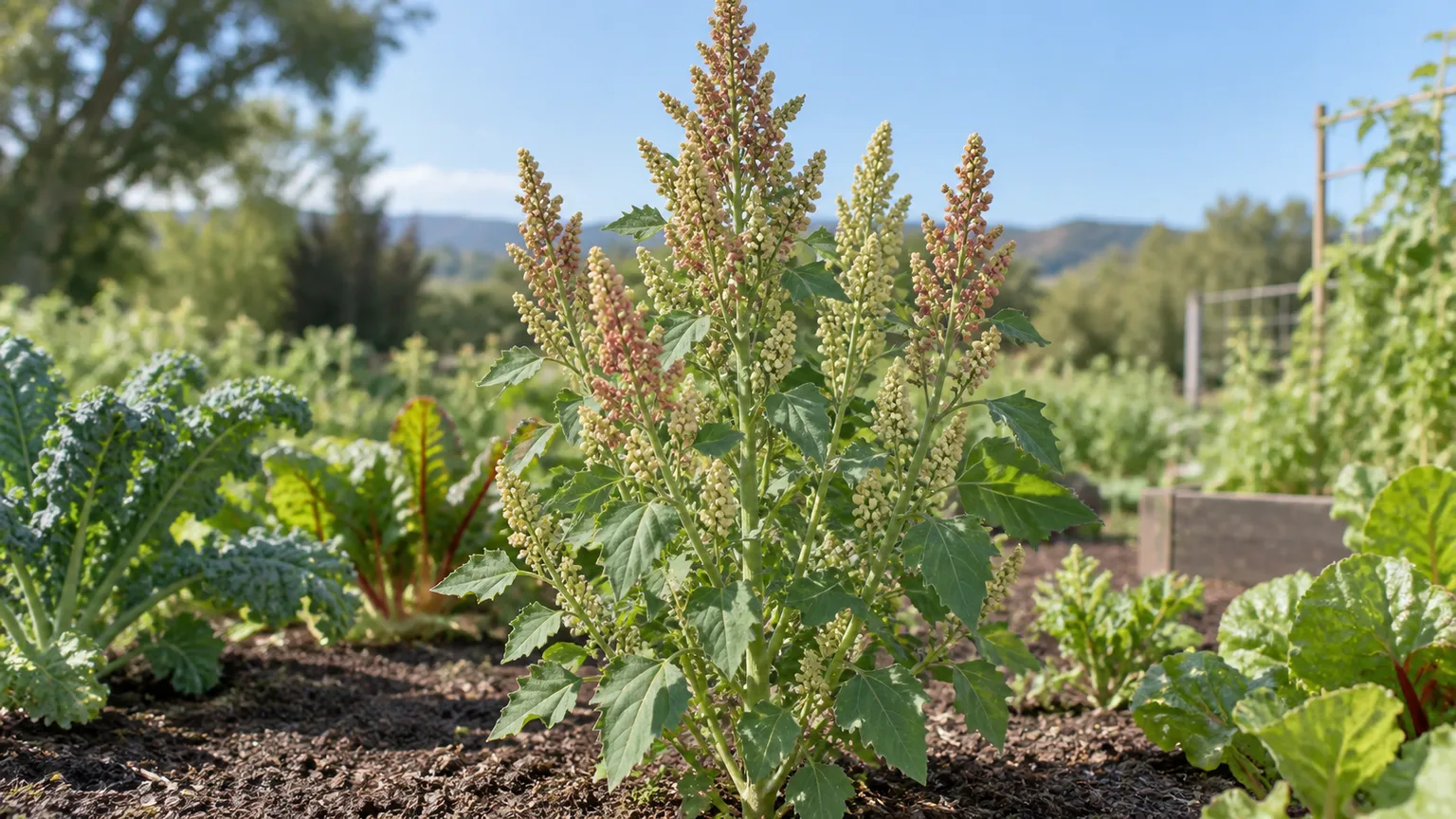 Quinoa plants with colorful seed heads growing in a sunny garden