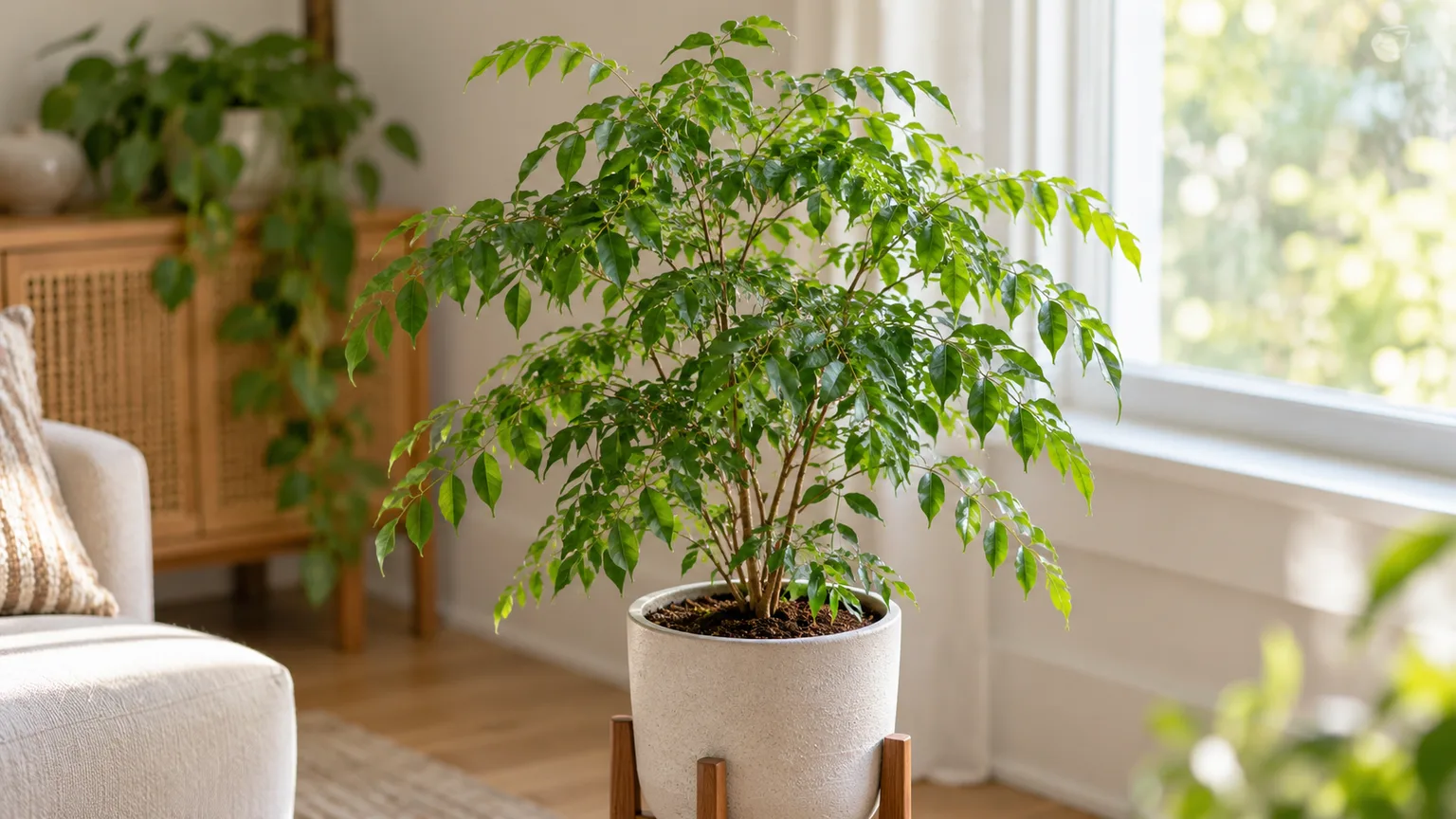 Healthy China doll plant with fine compound leaves in bright filtered light.