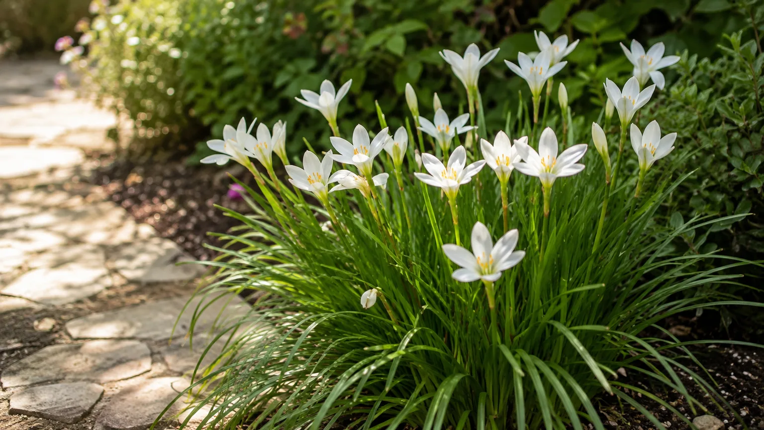 Healthy white rain lilies blooming along a sunny garden path