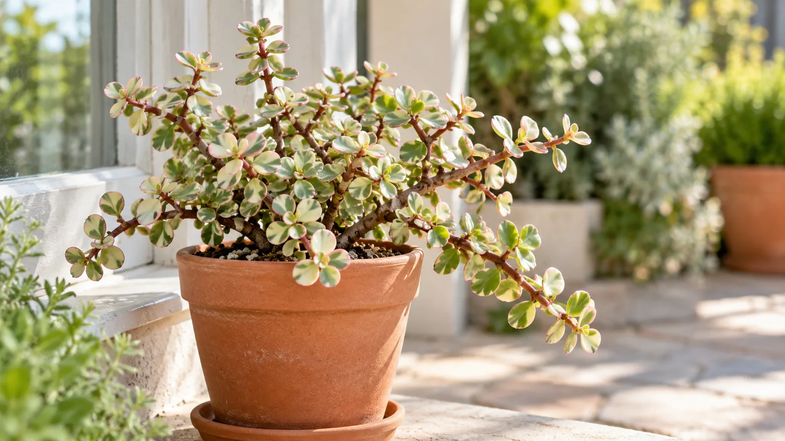 Healthy rainbow elephant bush with cream-edged leaves and reddish branches in a terracotta pot