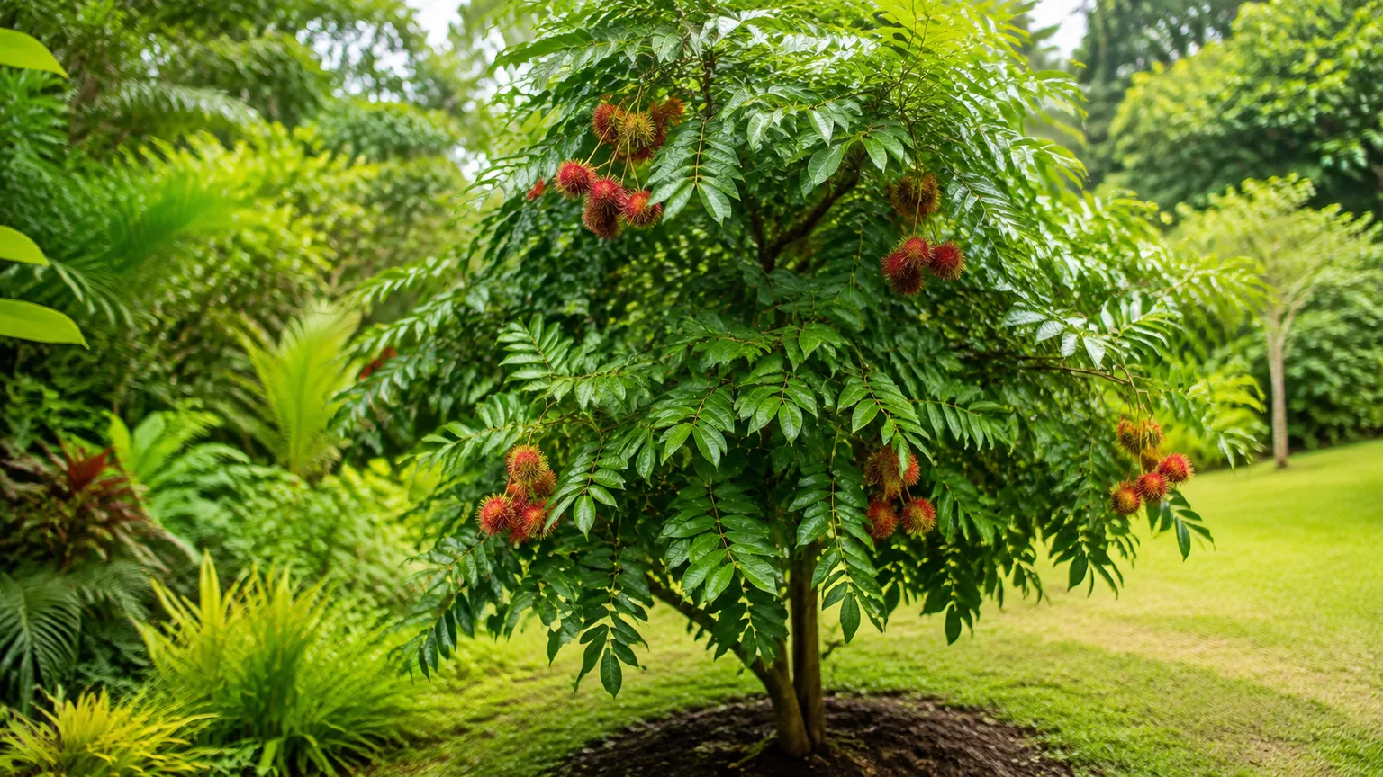 Healthy rambutan tree with glossy leaves and red fruit clusters