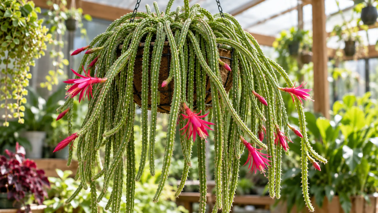 Trailing rat tail cactus with slender green stems and red-purple flowers in a hanging basket