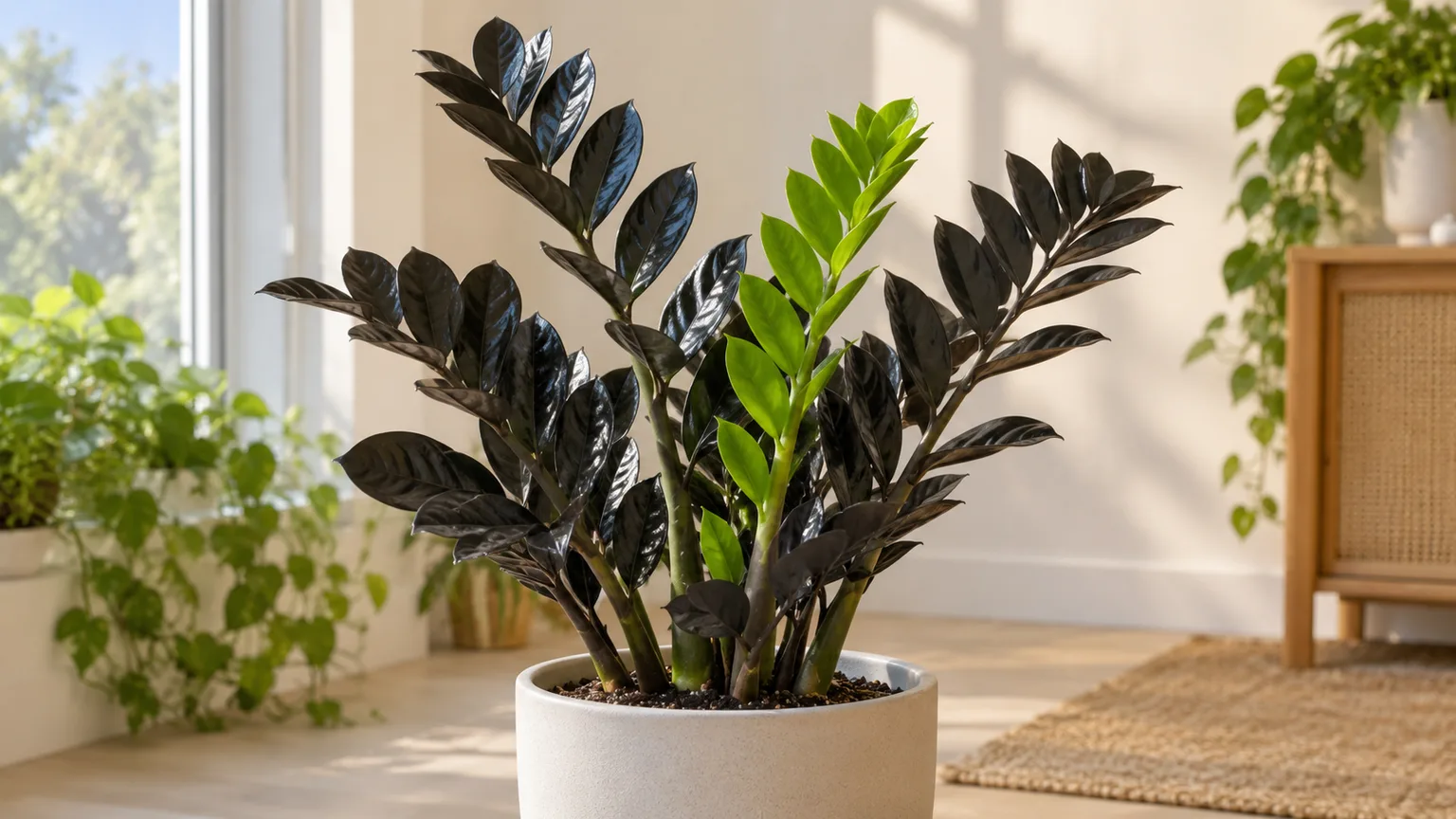 Healthy Raven ZZ plant with glossy purple-black mature leaflets and bright lime-green new growth
