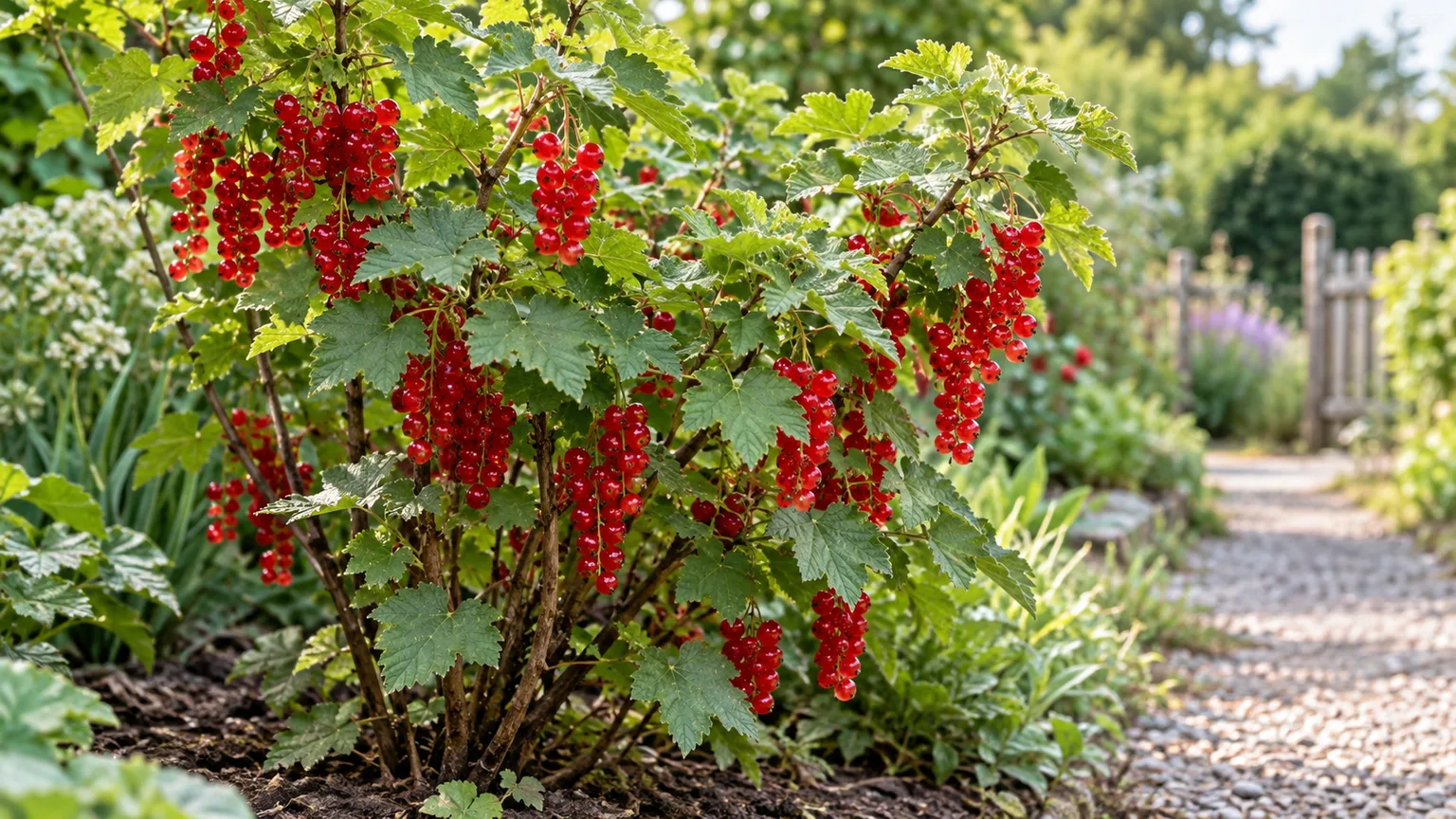 Healthy red currant shrub with hanging clusters of ripe red berries