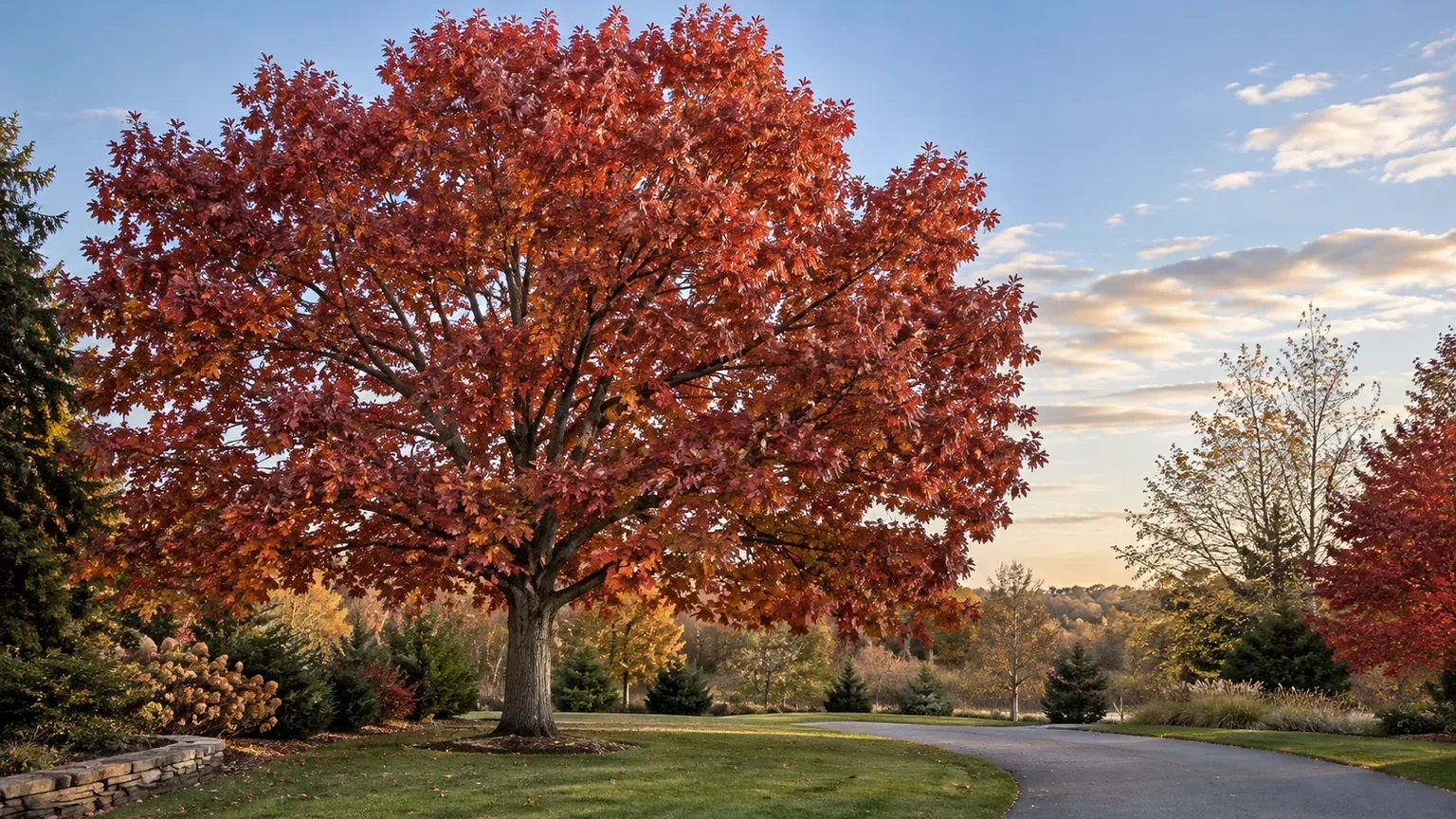 Healthy northern red oak showing rich red late-fall foliage in a spacious landscape