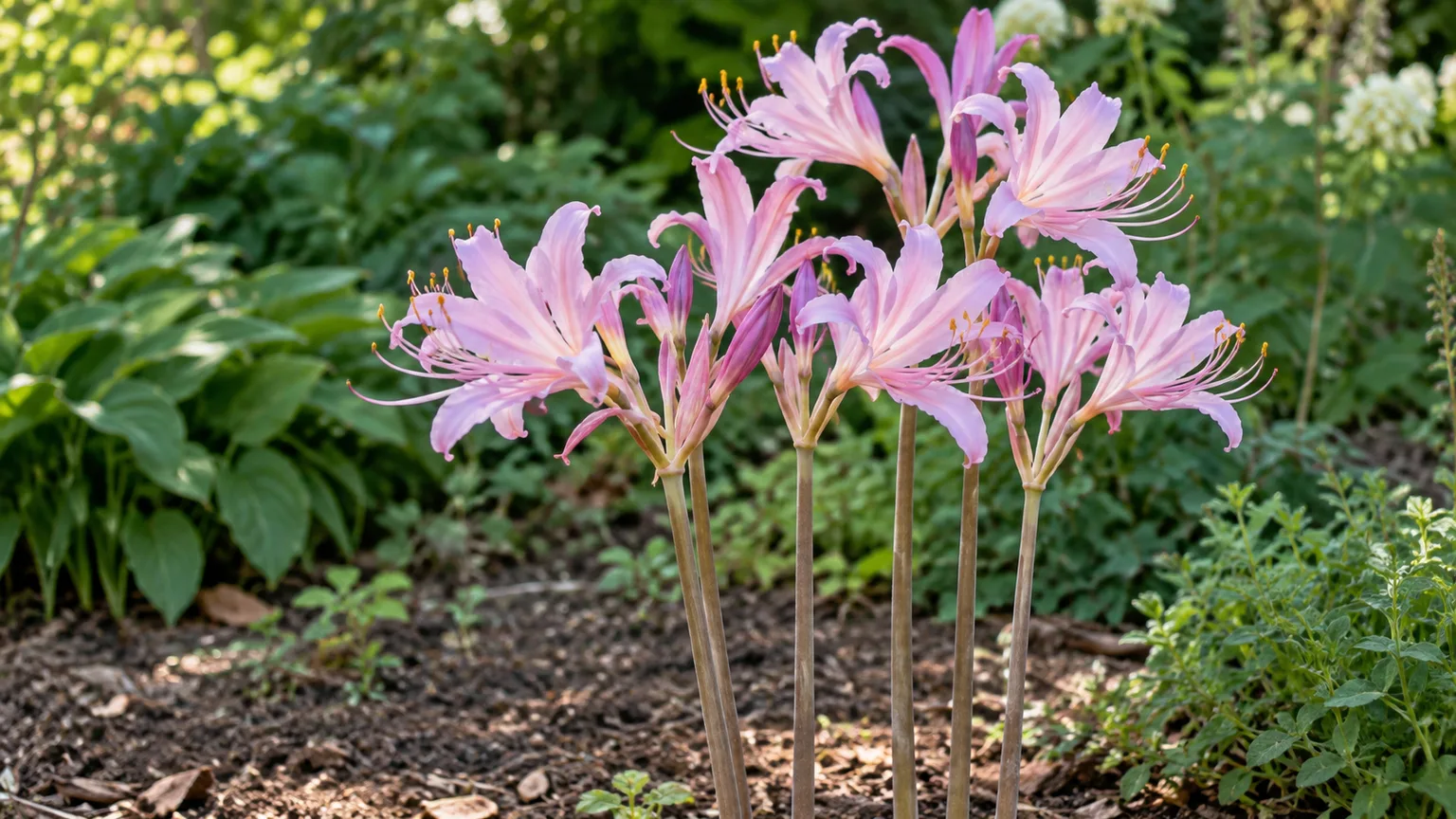 Pale pink resurrection lily flowers rise on leafless stalks in an outdoor garden bed