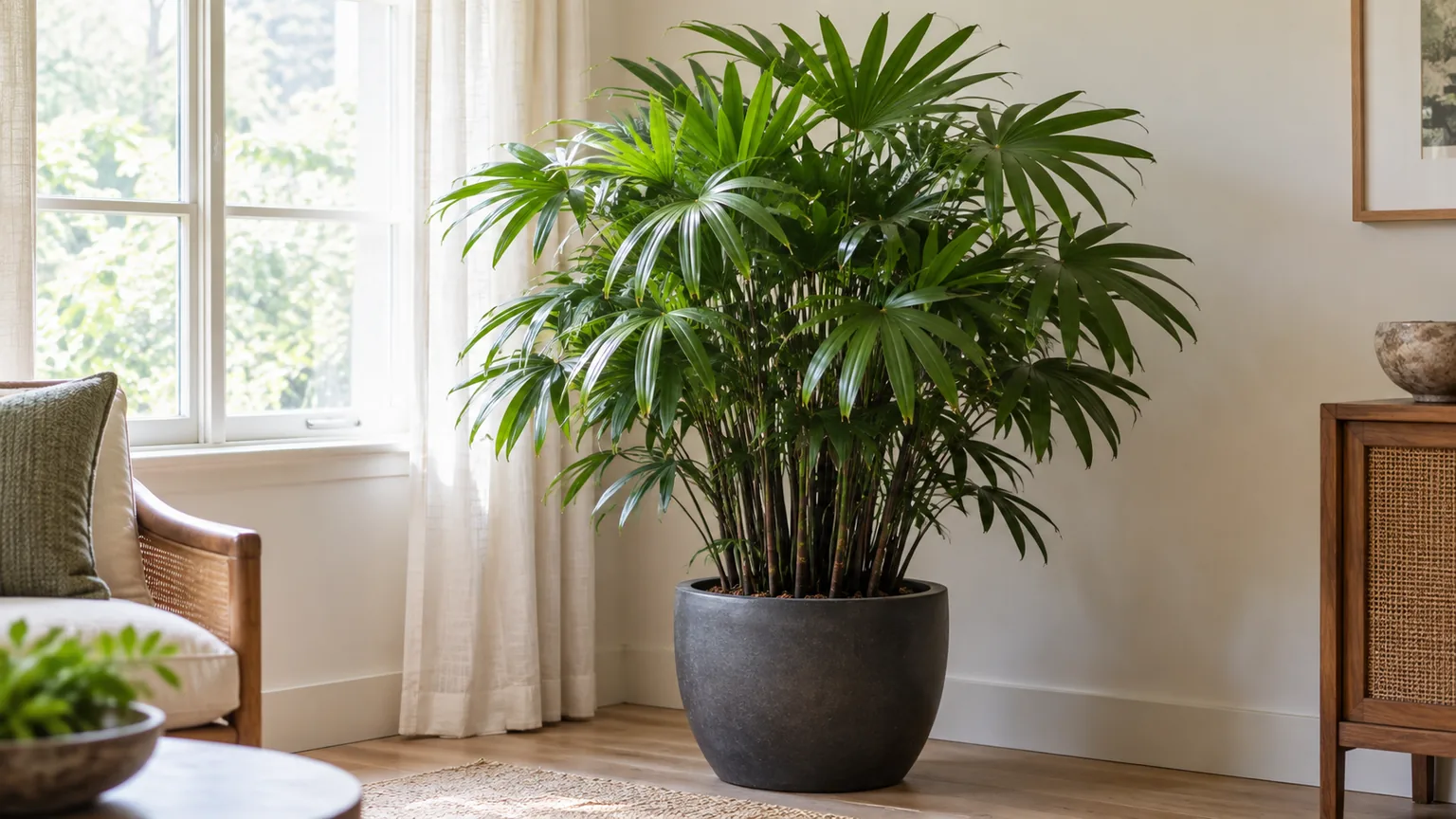 Healthy lady palm (Rhapis excelsa) with fan-shaped leaves in a softly lit indoor corner