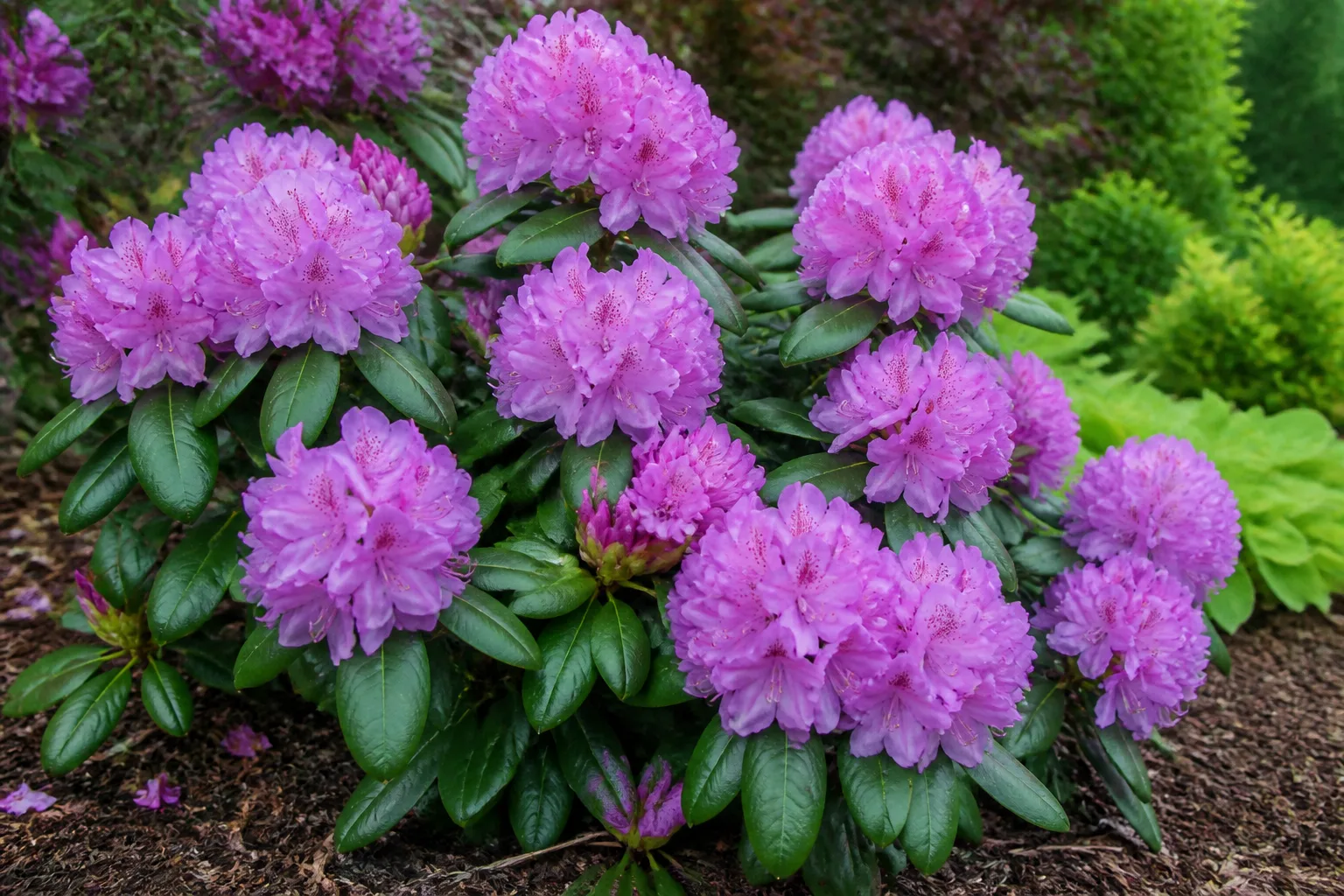 Rhododendron shrub with glossy evergreen leaves and lavender-pink flower clusters