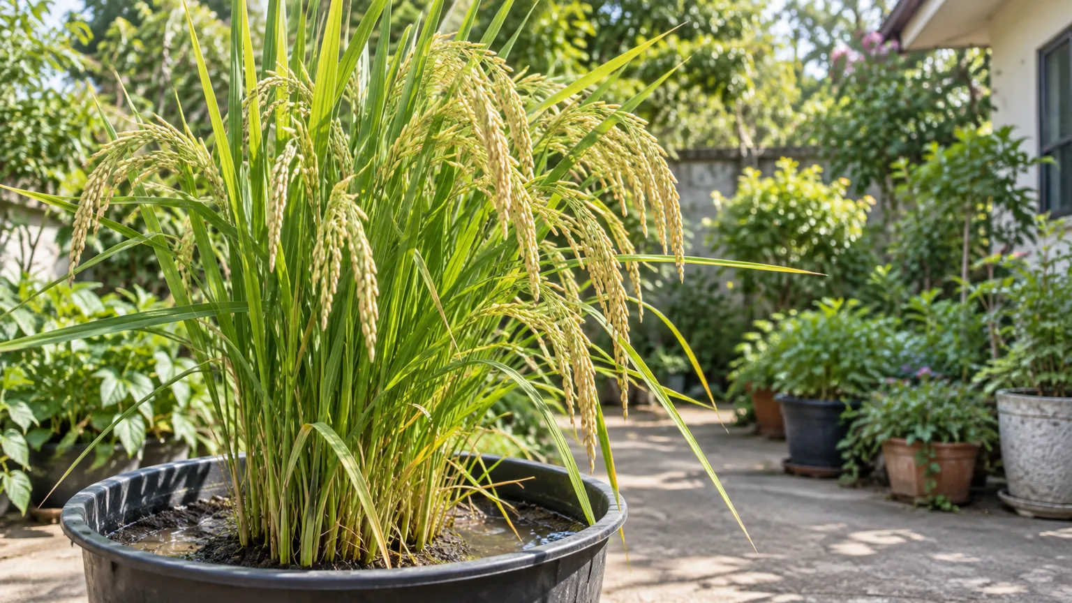 Healthy rice plants with golden panicles growing in a backyard container