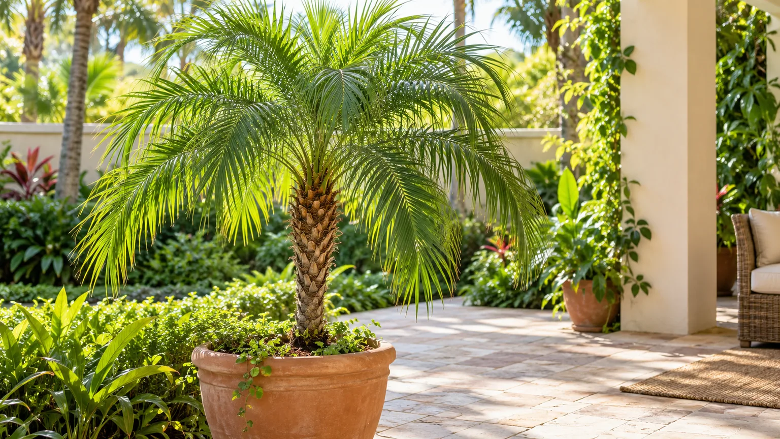 Healthy Robellini palm with arching feather fronds in a sunny patio container