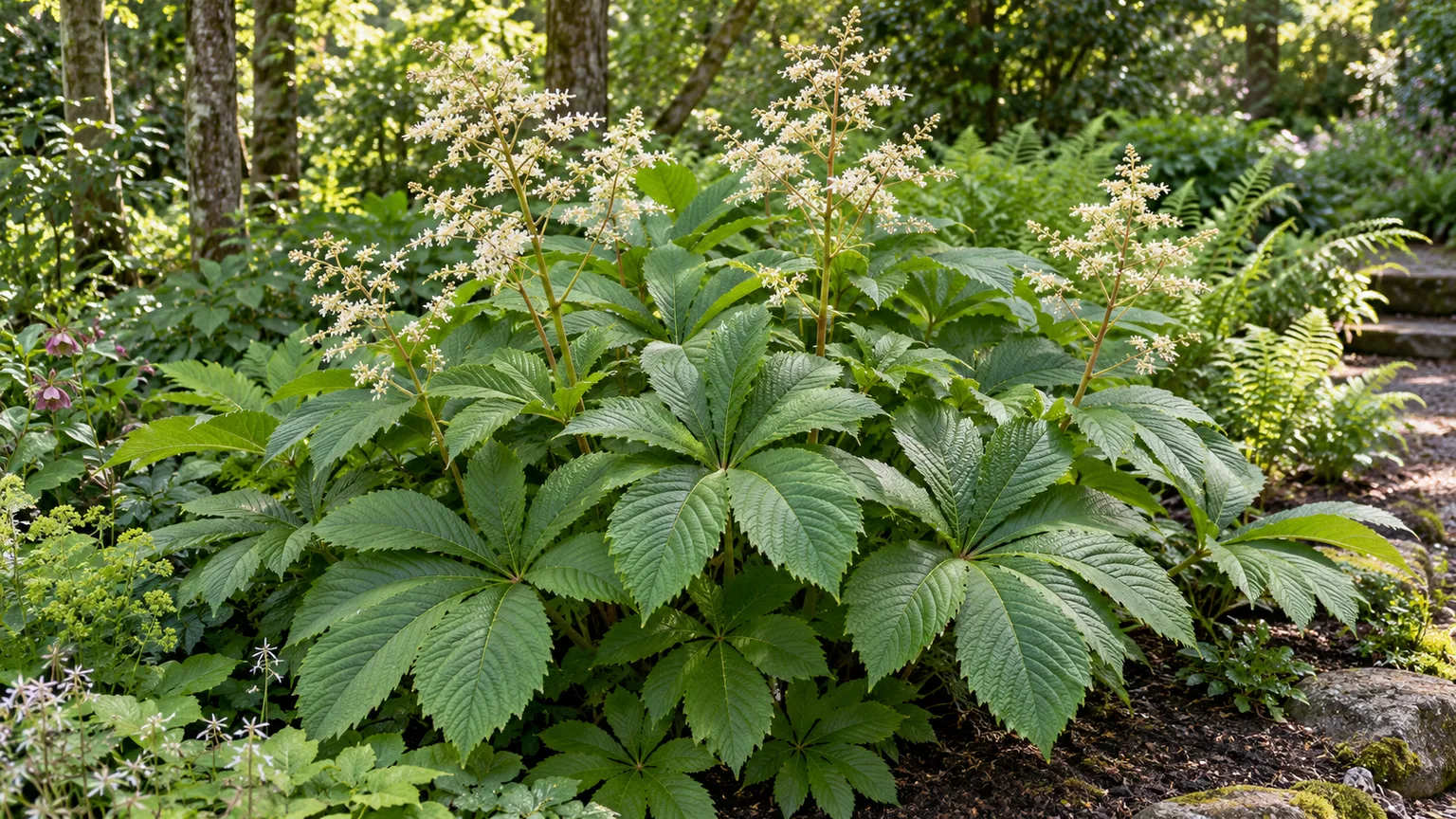 Healthy Rodgersia aesculifolia with large divided leaves and cream flower panicles in a shaded garden bed
