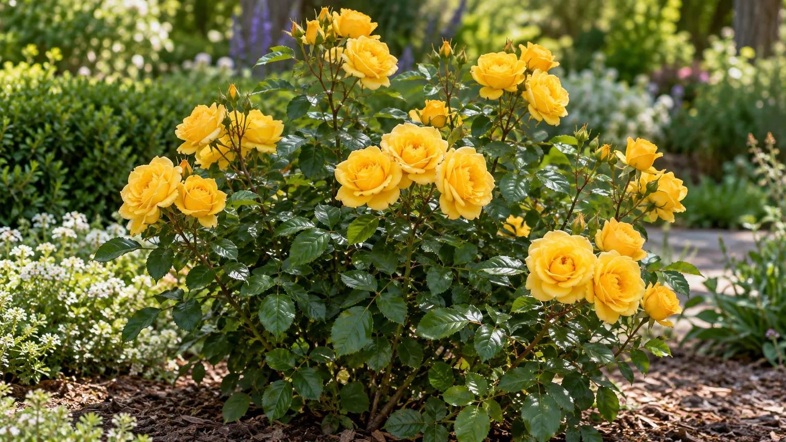 Golden-yellow Rosa “Anthony Meilland” floribunda rose