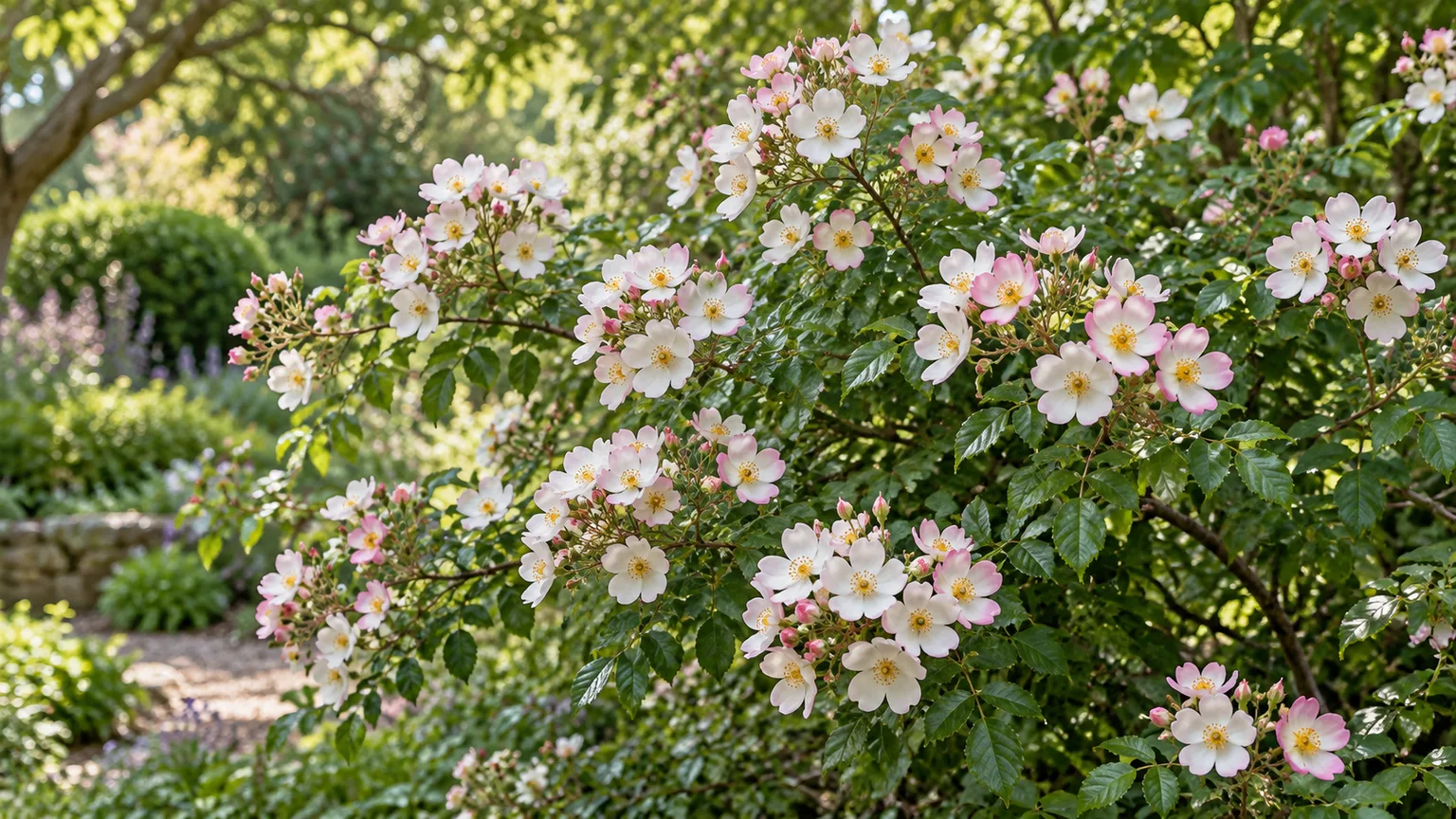 Small pink and white single blooms on Rosa “Ballerina”