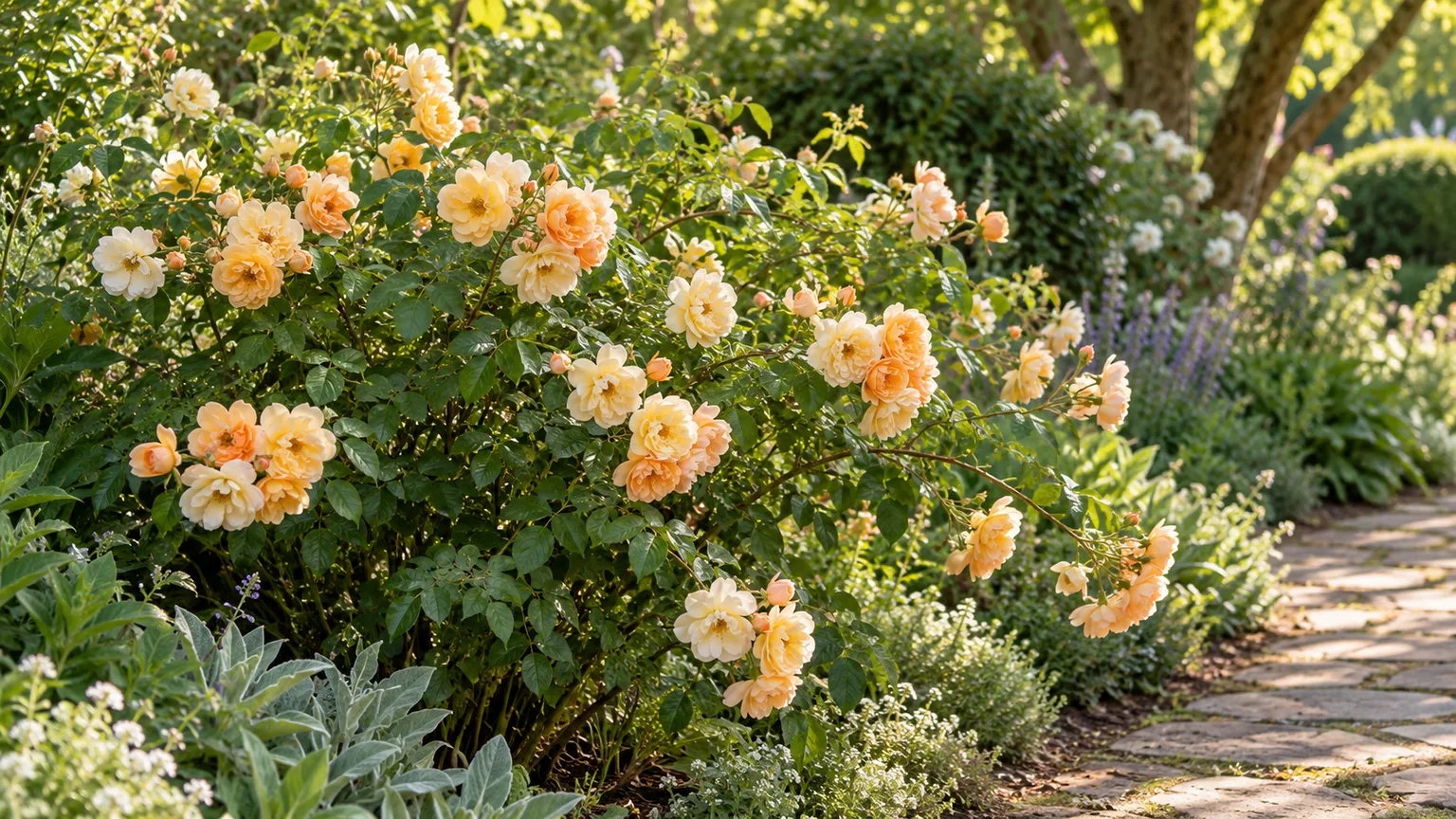 Apricot-yellow Rosa “Buff Beauty” roses on an arching shrub