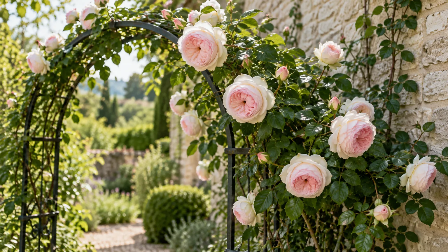 Cream and blush pink Rosa “Eden” climbing rose flowers