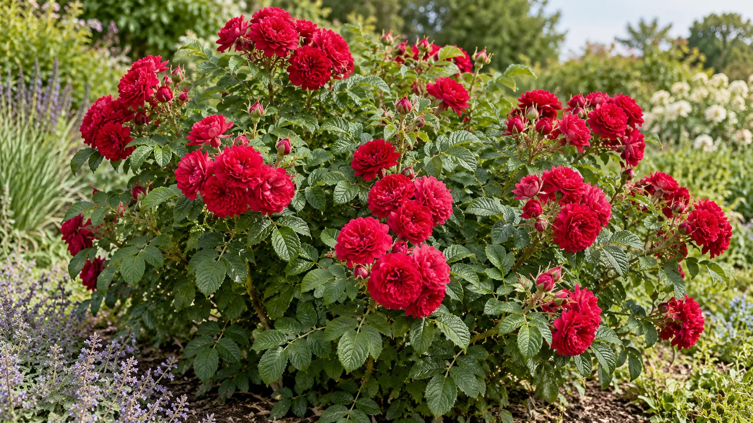 Frilled bright red Rosa rugosa “F. J. Grootendorst” flowers