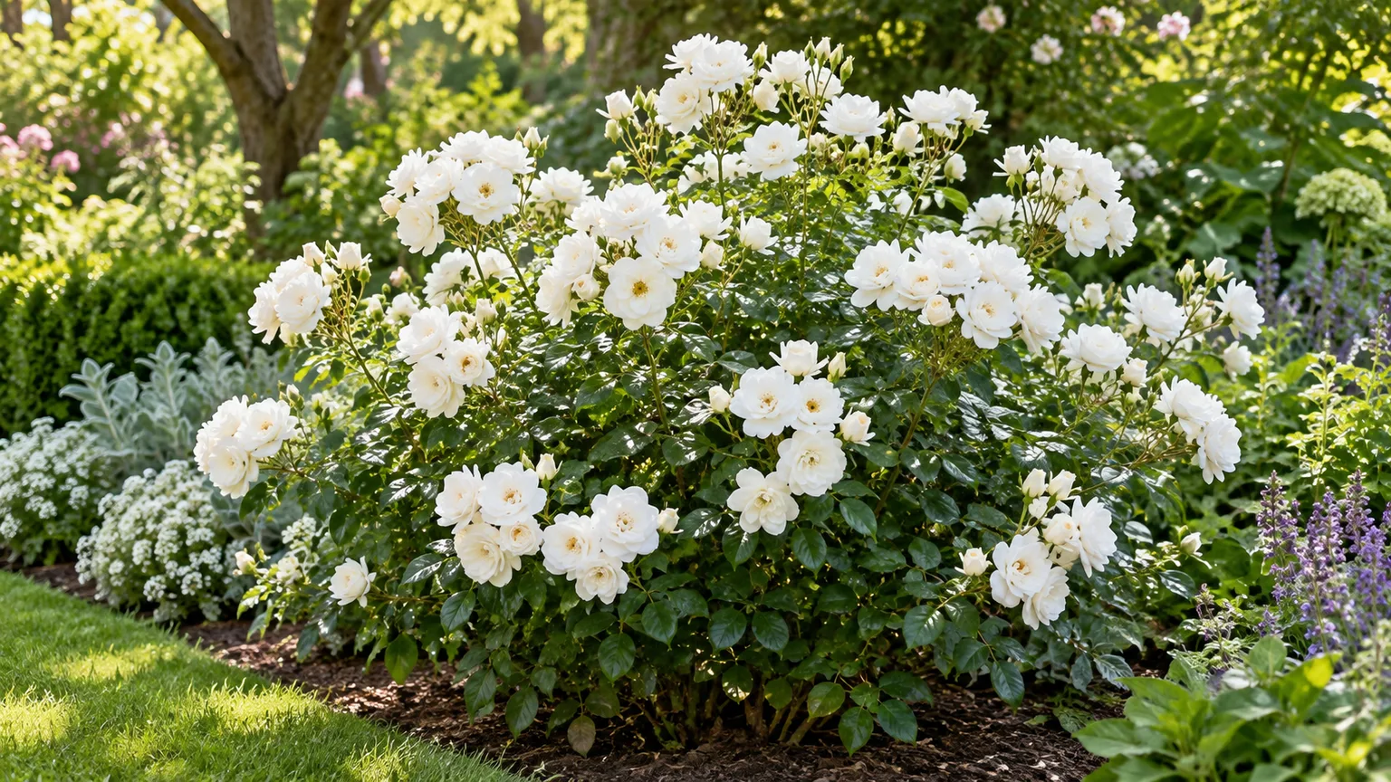 White Rosa “Iceberg” floribunda roses in clusters