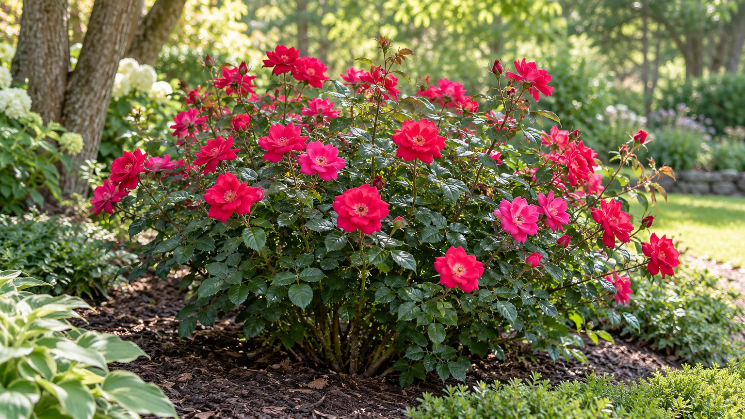 Cherry-red Rosa “Radrazz” Knock Out rose clusters