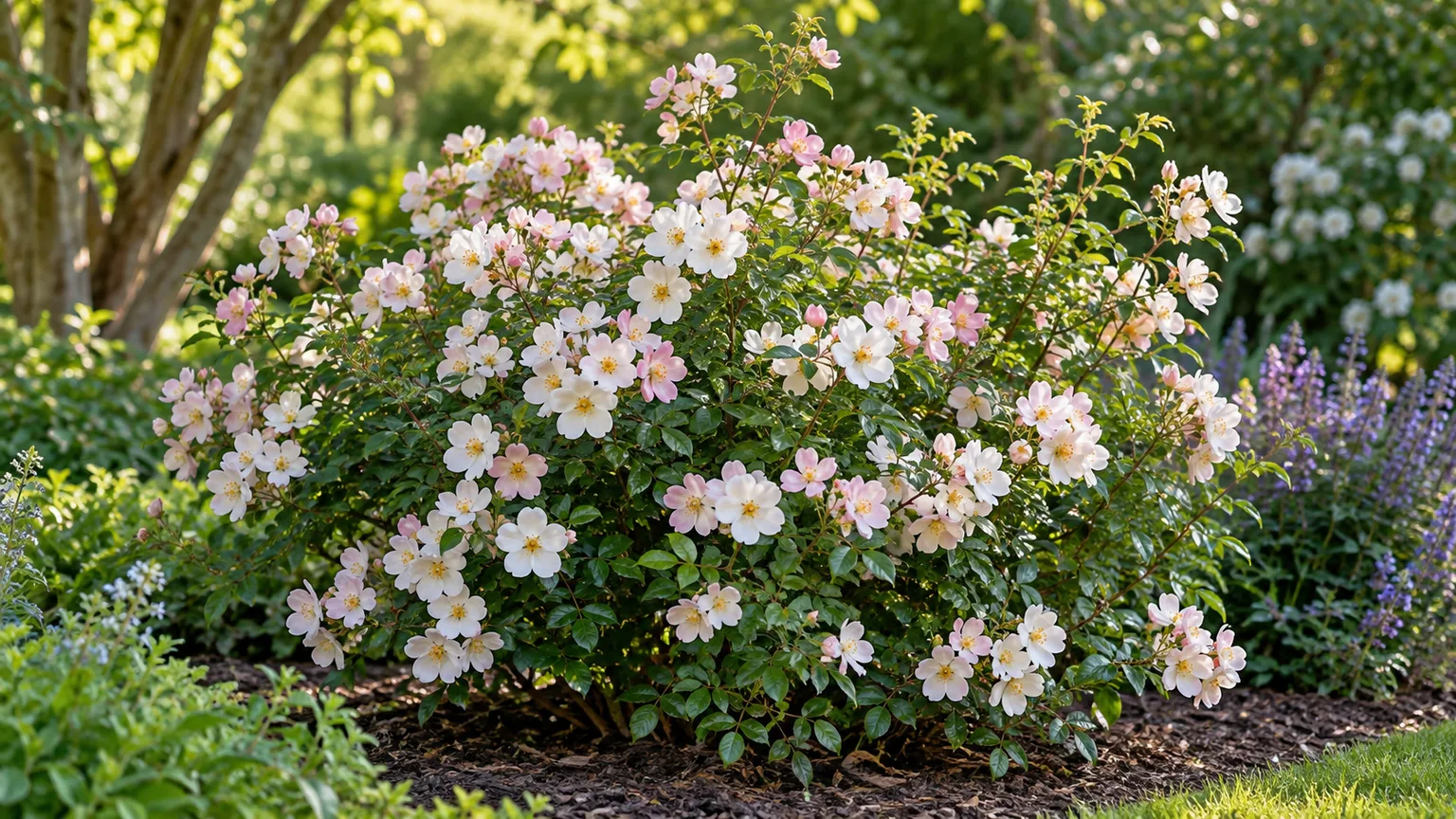 Pale pink and white Rosa “Lyda Rose” blooms in sprays