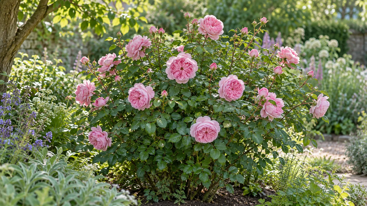 Pink, many-petaled Rosa “Mary Rose” blooms