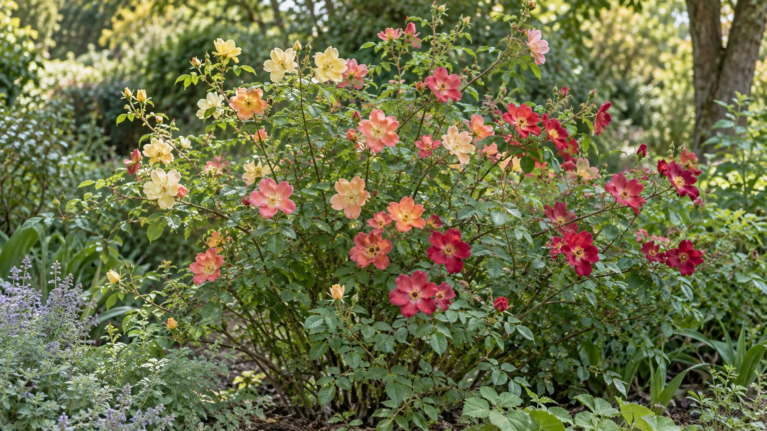 Single Rosa “Mutabilis” blooms aging from yellow to pink and crimson