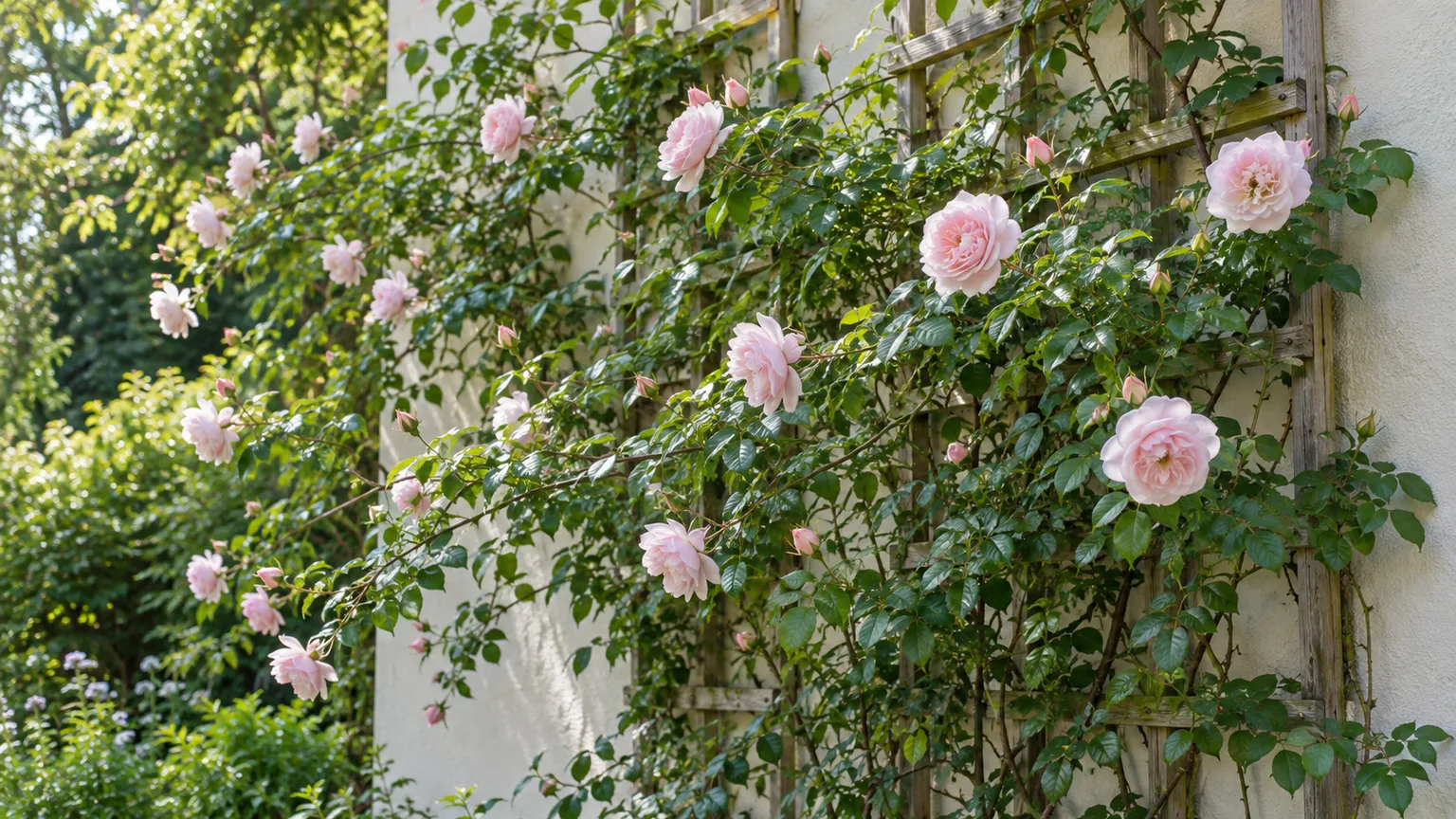 Soft pink Rosa “New Dawn” flowers on a climbing rose