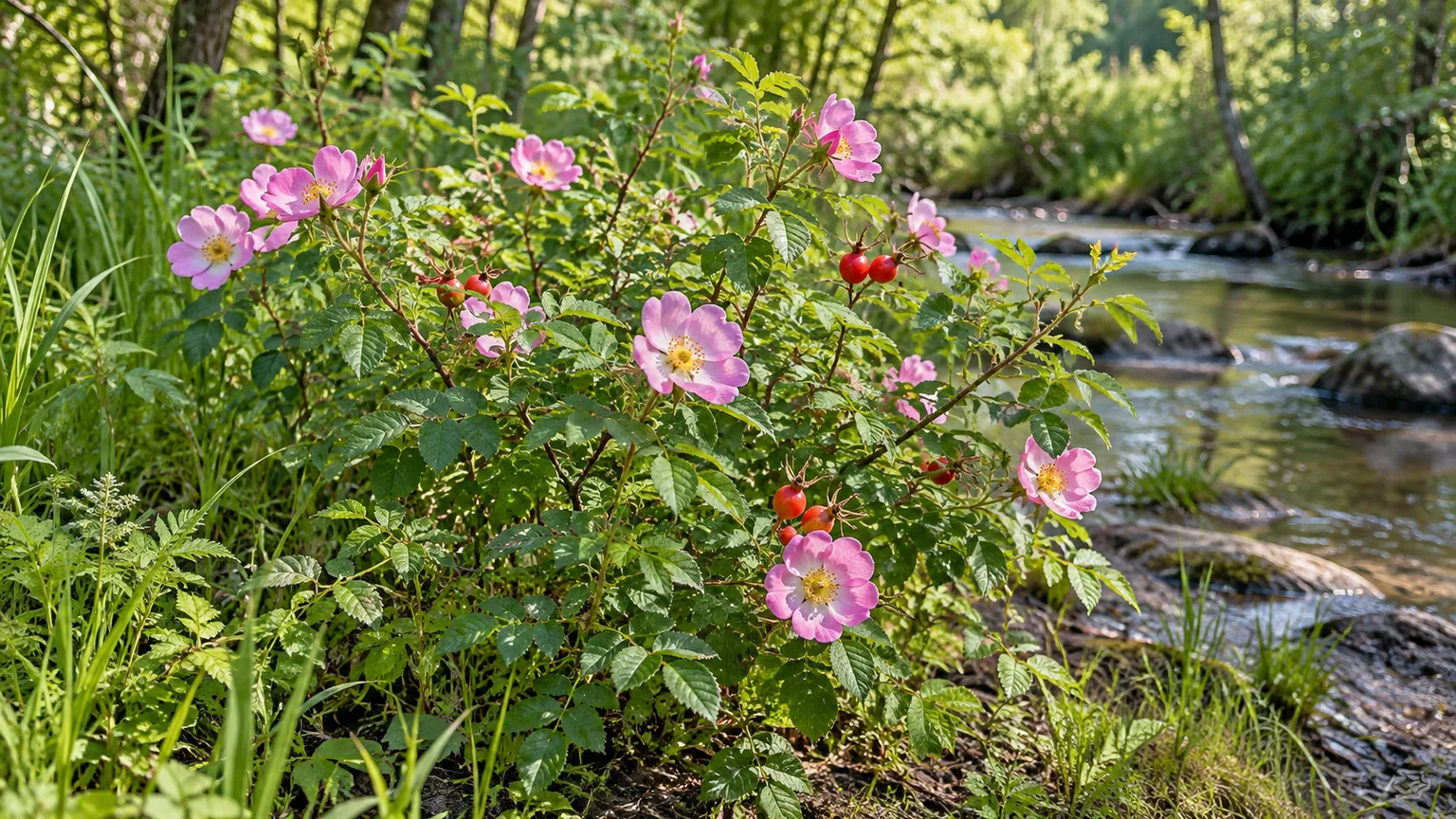 Pink swamp rose flowers and red hips beside a stream