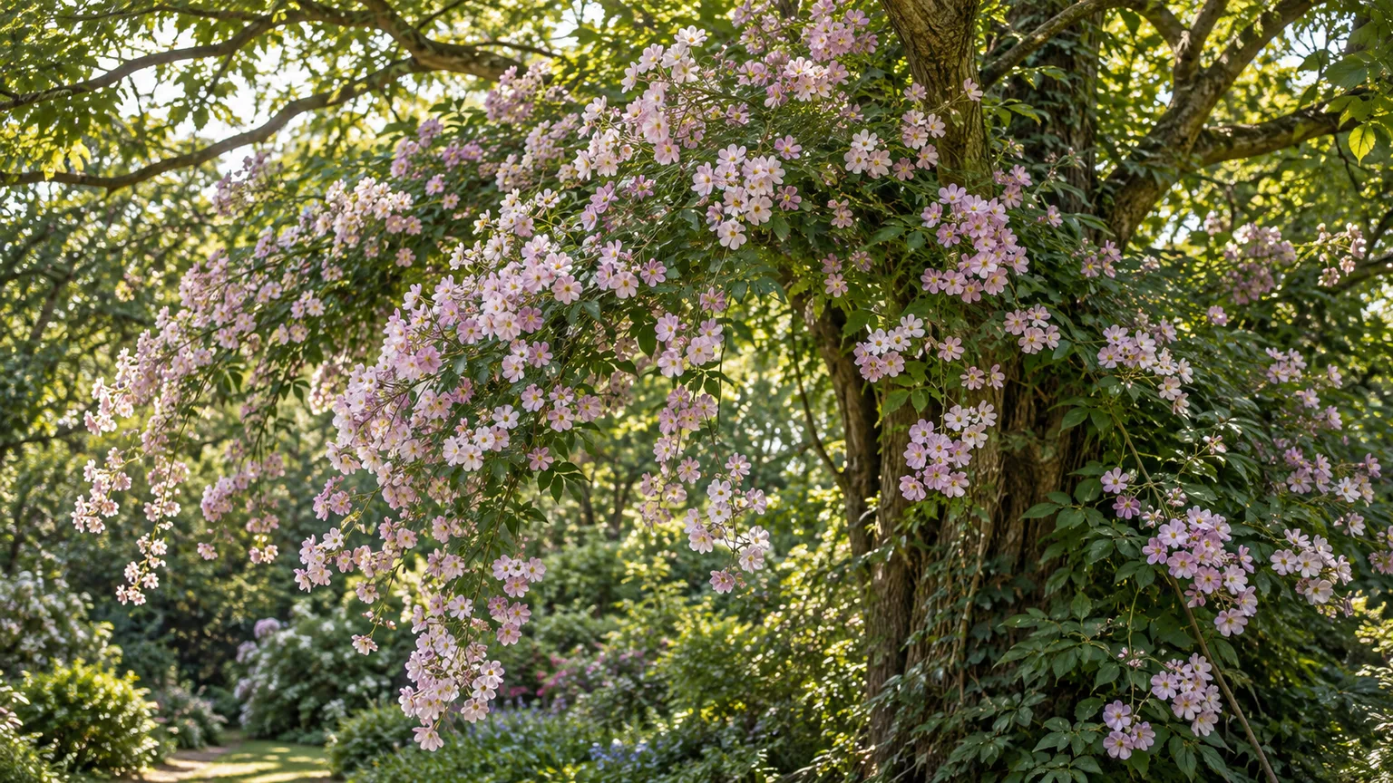 Pale pink clusters of Rosa “Paul’s Himalayan Musk” cascading through a tree