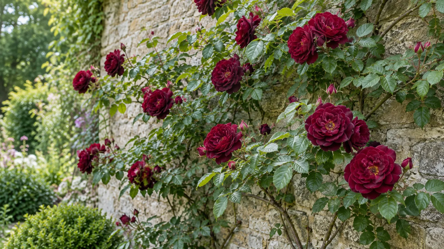 Velvety deep crimson Rosa “Souvenir du Docteur Jamain” rose