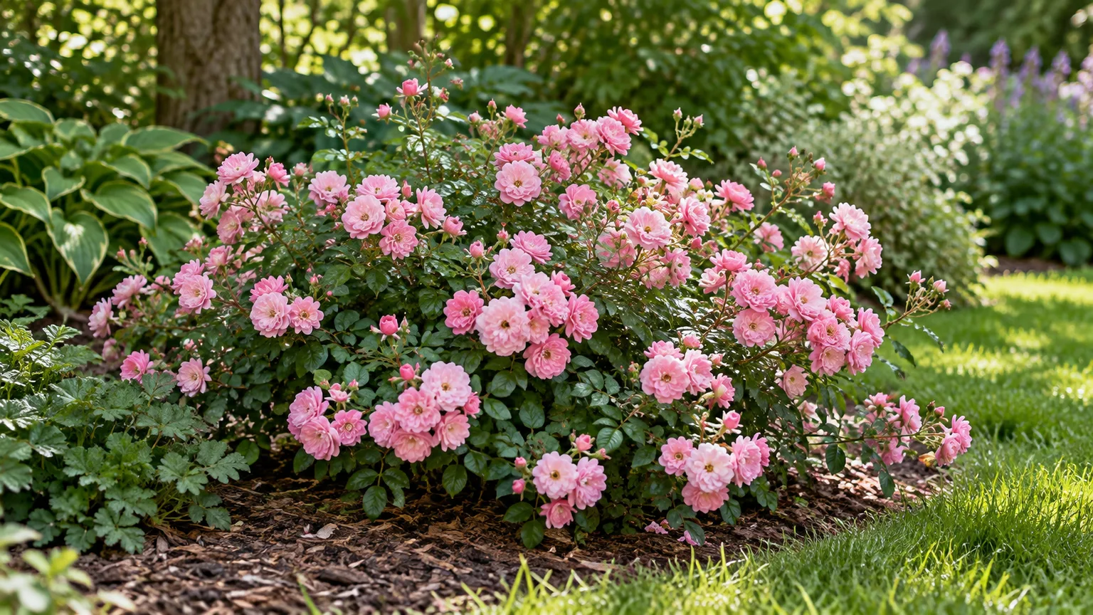 Clusters of small double pink Rosa “The Fairy” flowers