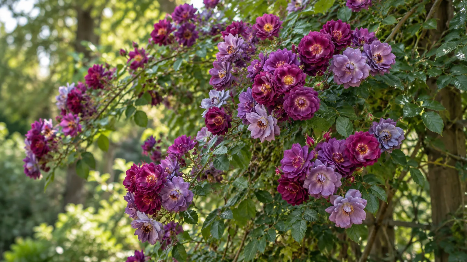Violet and lilac Rosa “Veilchenblau” rambler flowers