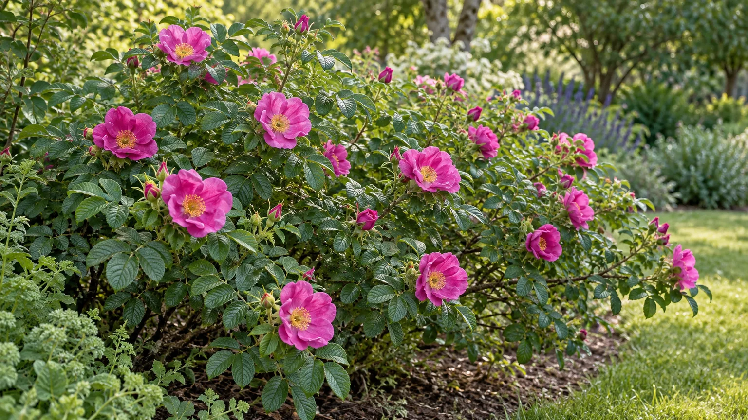 Deep pink Rosa “Wild Edric” flowers with golden stamens