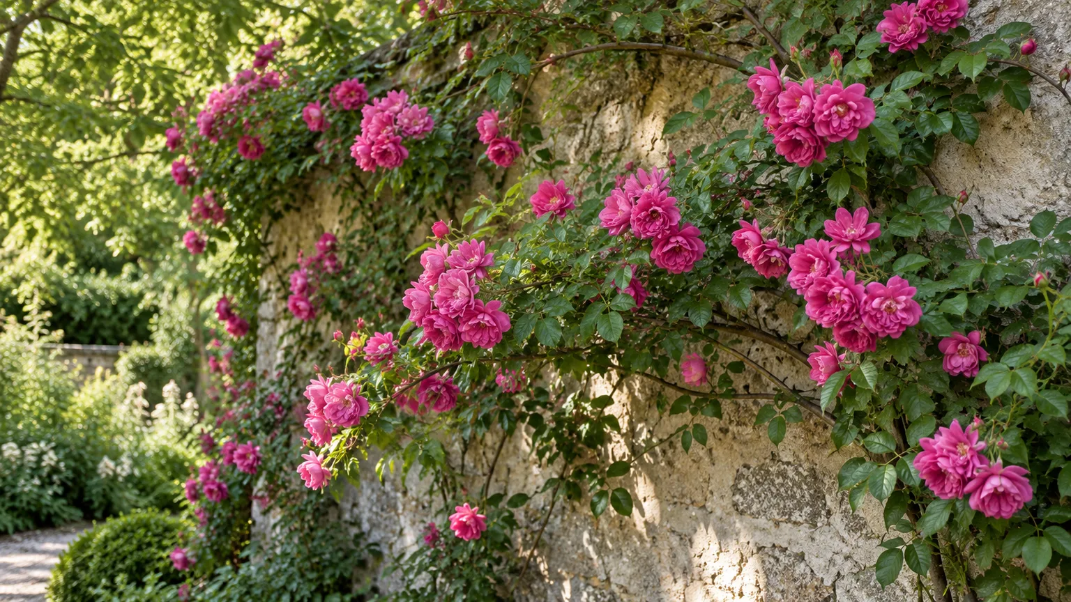 Fragrant deep pink Rosa “Zéphirine Drouhin” climbing rose