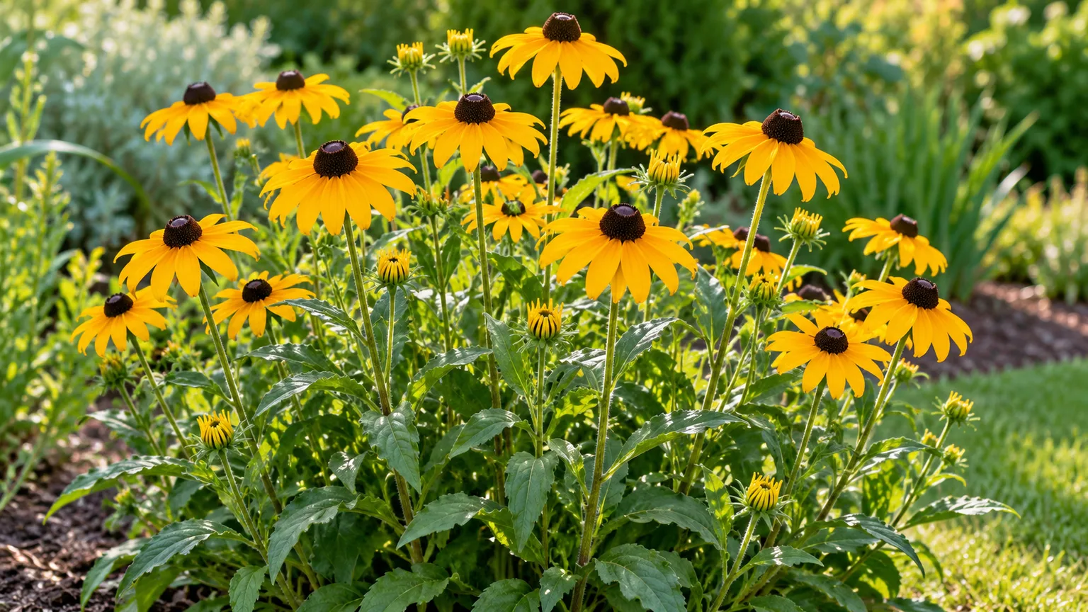 Golden Rudbeckia fulgida flowers with dark centers in a sunny bed