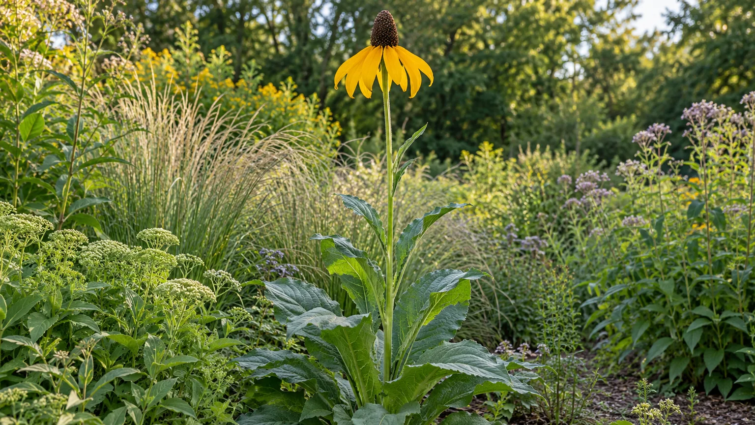 Giant coneflower showing the tall stem, yellow rays, and blue-green foliage