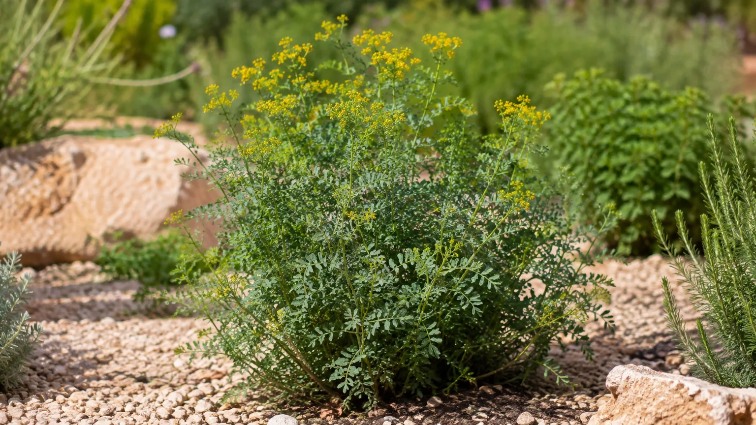 Healthy common rue with blue-green foliage and yellow flowers in a sunny gravel garden