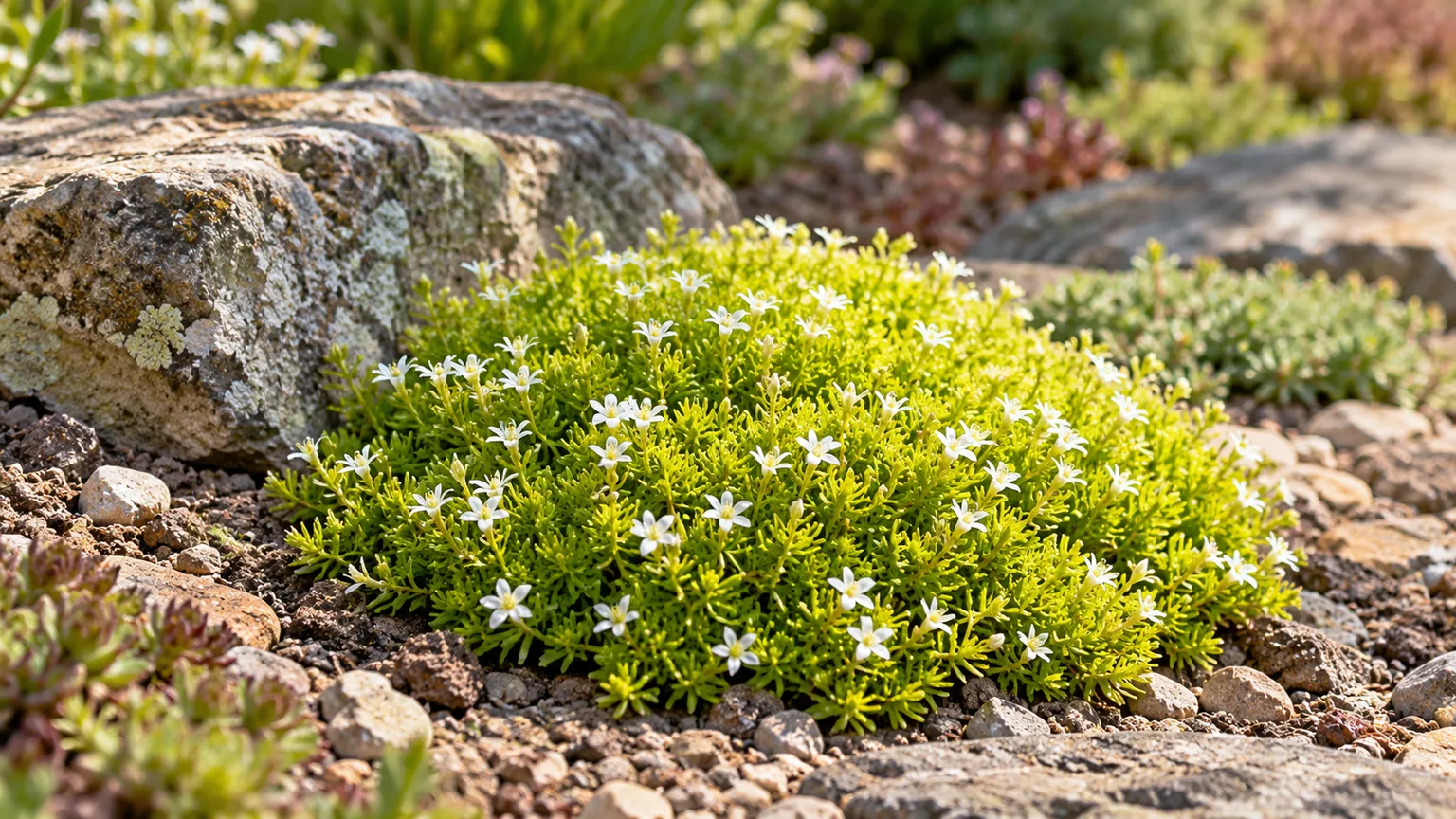 Compact chartreuse Scotch moss with small white flowers in a sunny rock garden