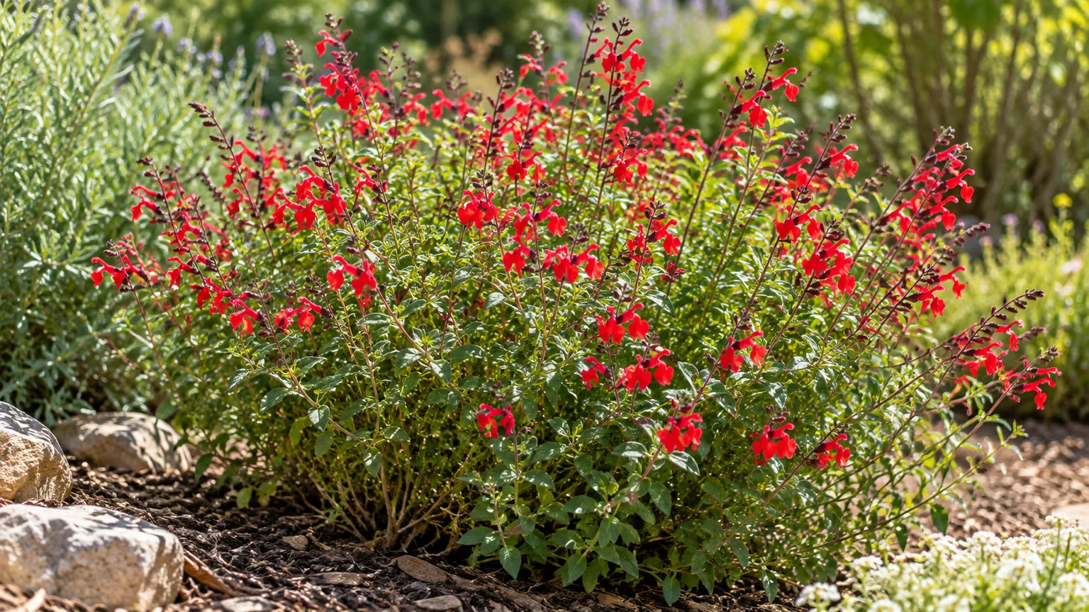 Red Salvia greggii flowers on a compact sunny border plant